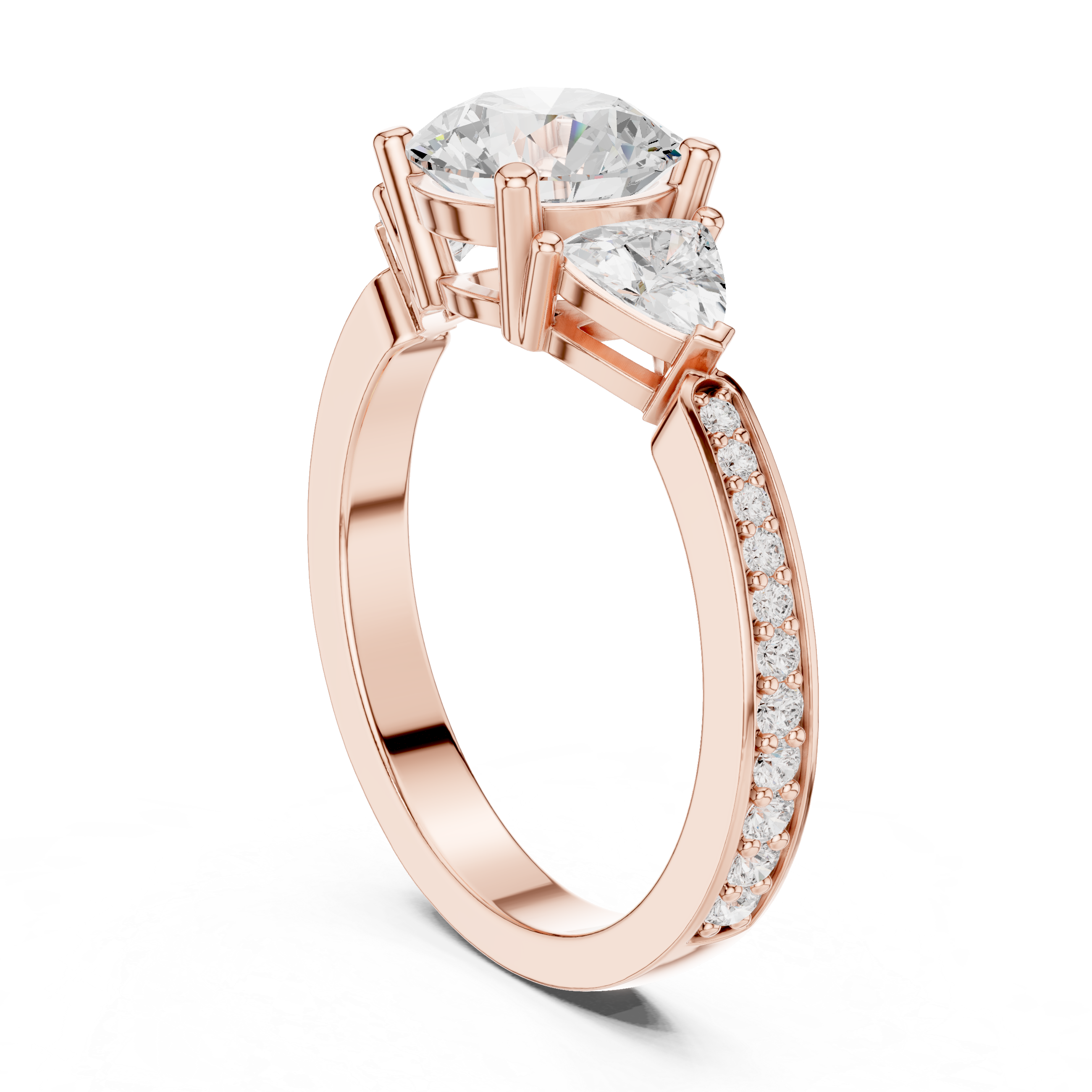 Three-stone diamond ring with pav‚-accented band.