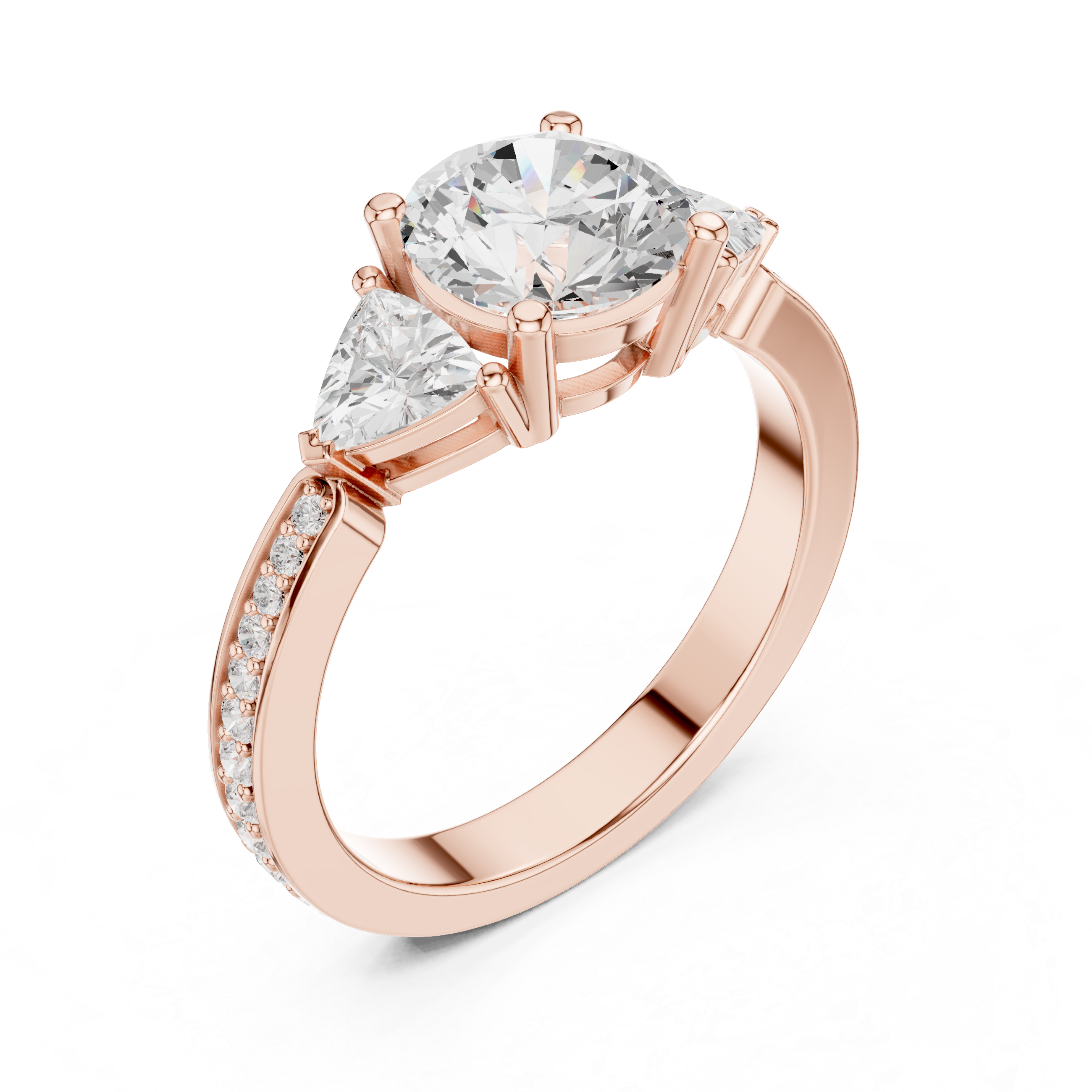 Three-stone diamond ring with pav‚-accented band.