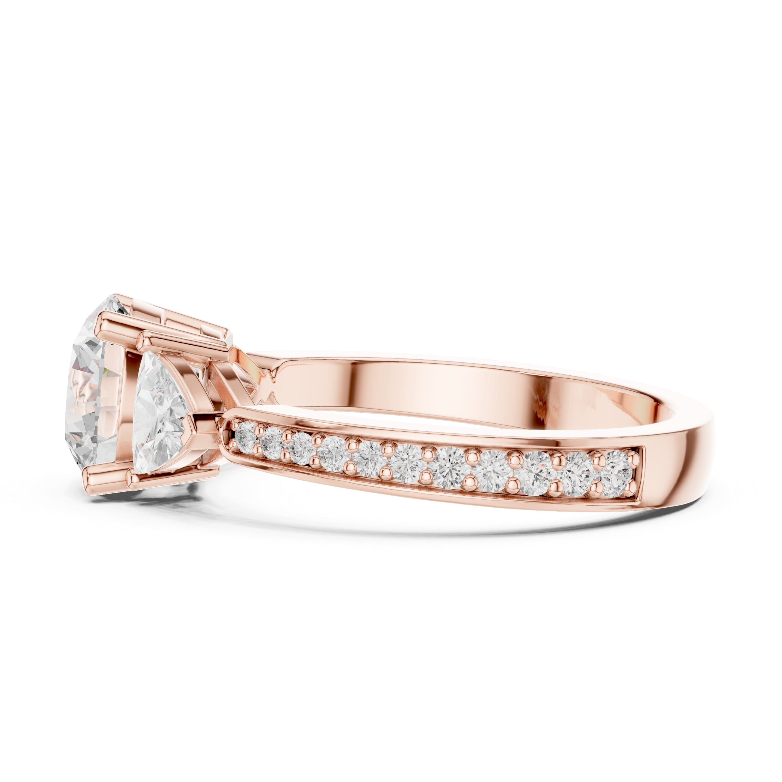 Three-stone diamond ring with pav‚-accented band.