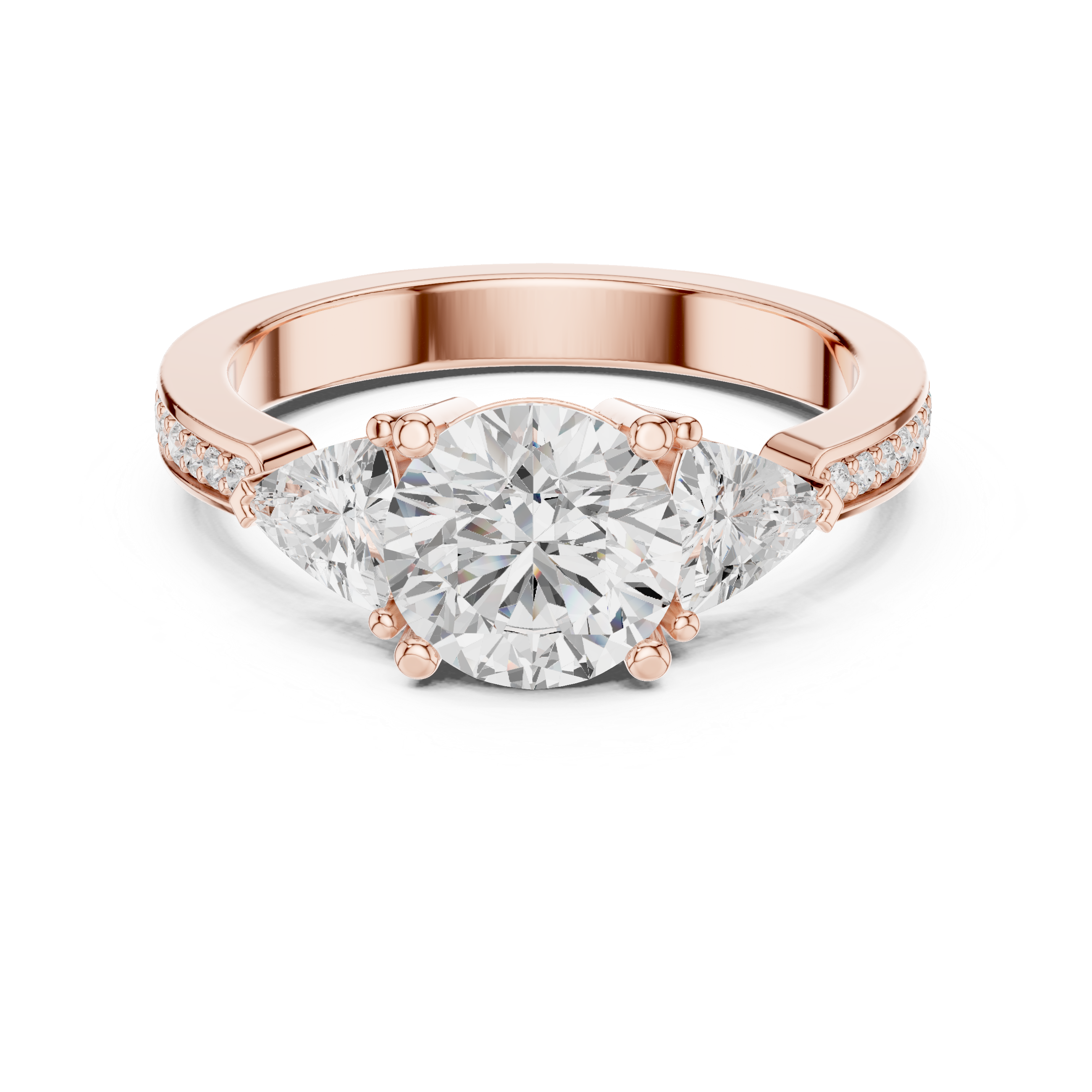 Three-stone diamond ring with pav‚-accented band.