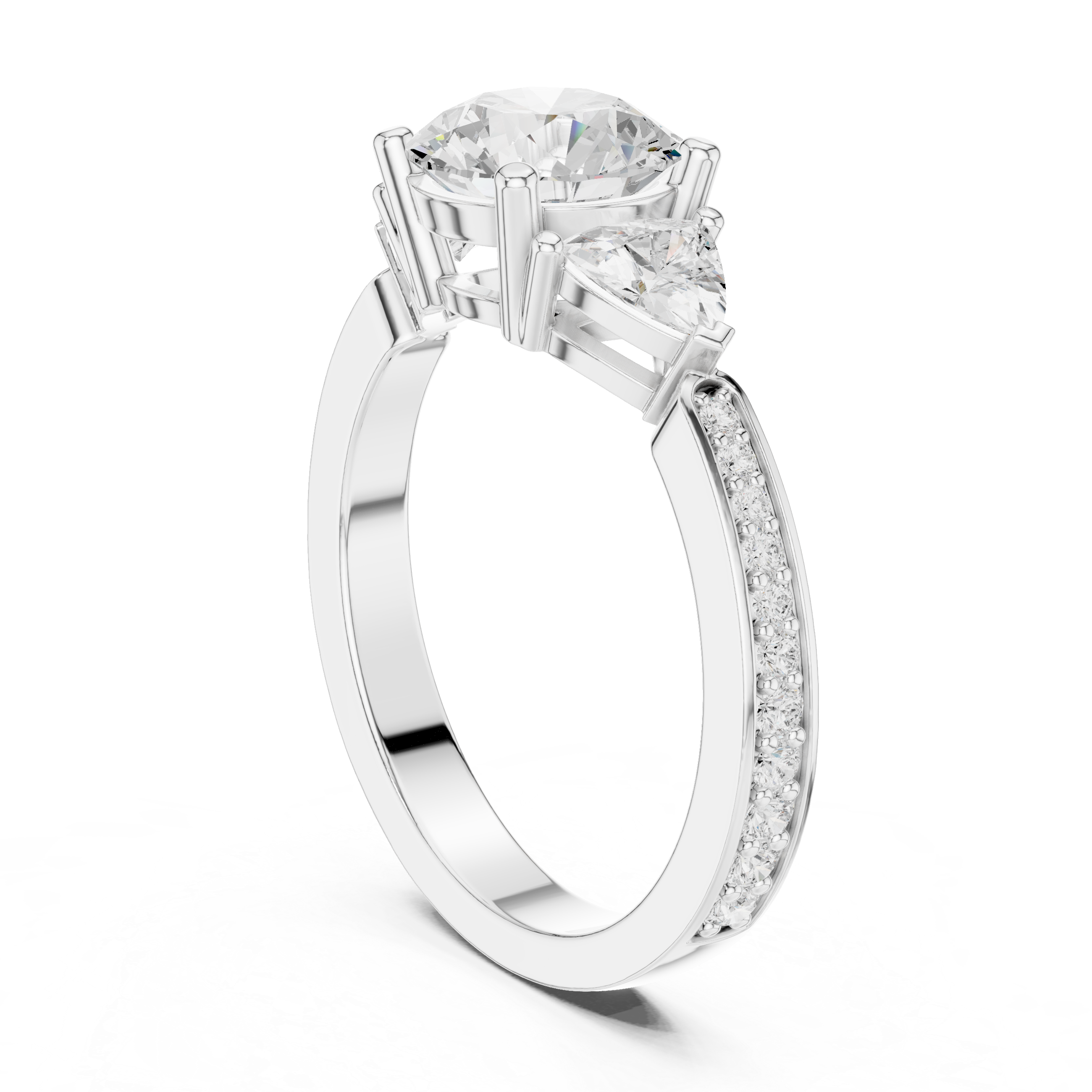 Three-stone diamond ring with pav‚-accented band.