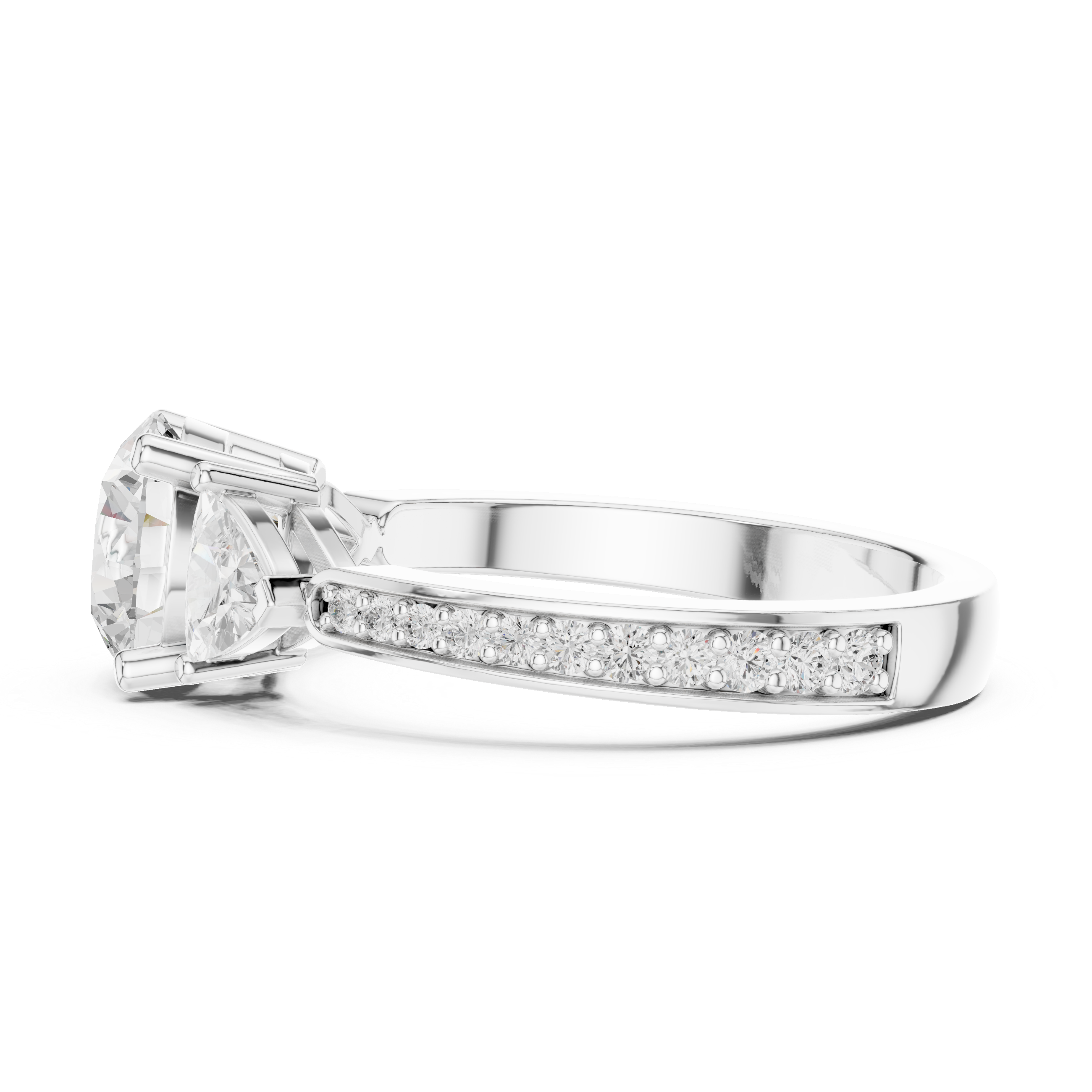 Three-stone diamond ring with pav‚-accented band.