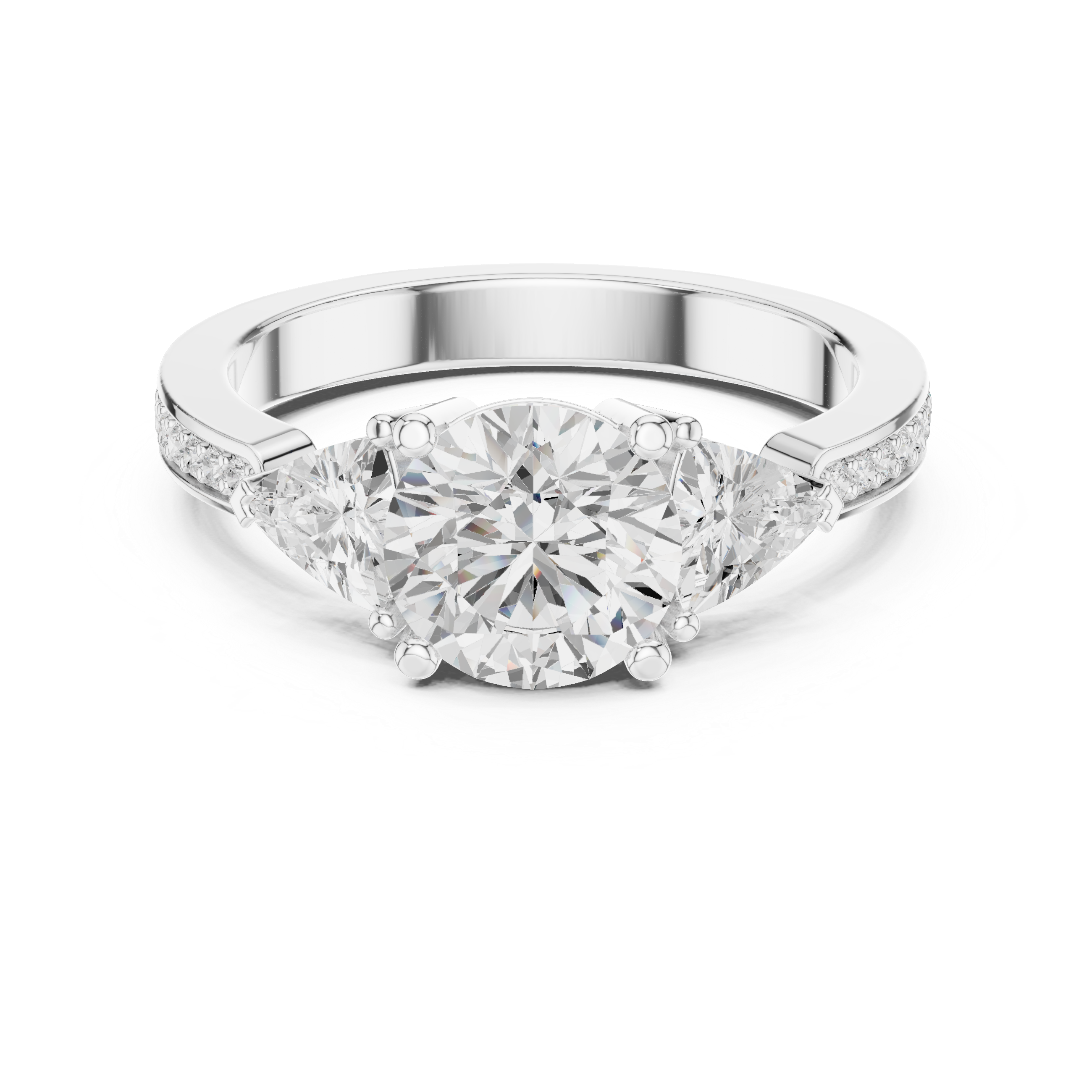 Three-stone diamond ring with pav‚-accented band.
