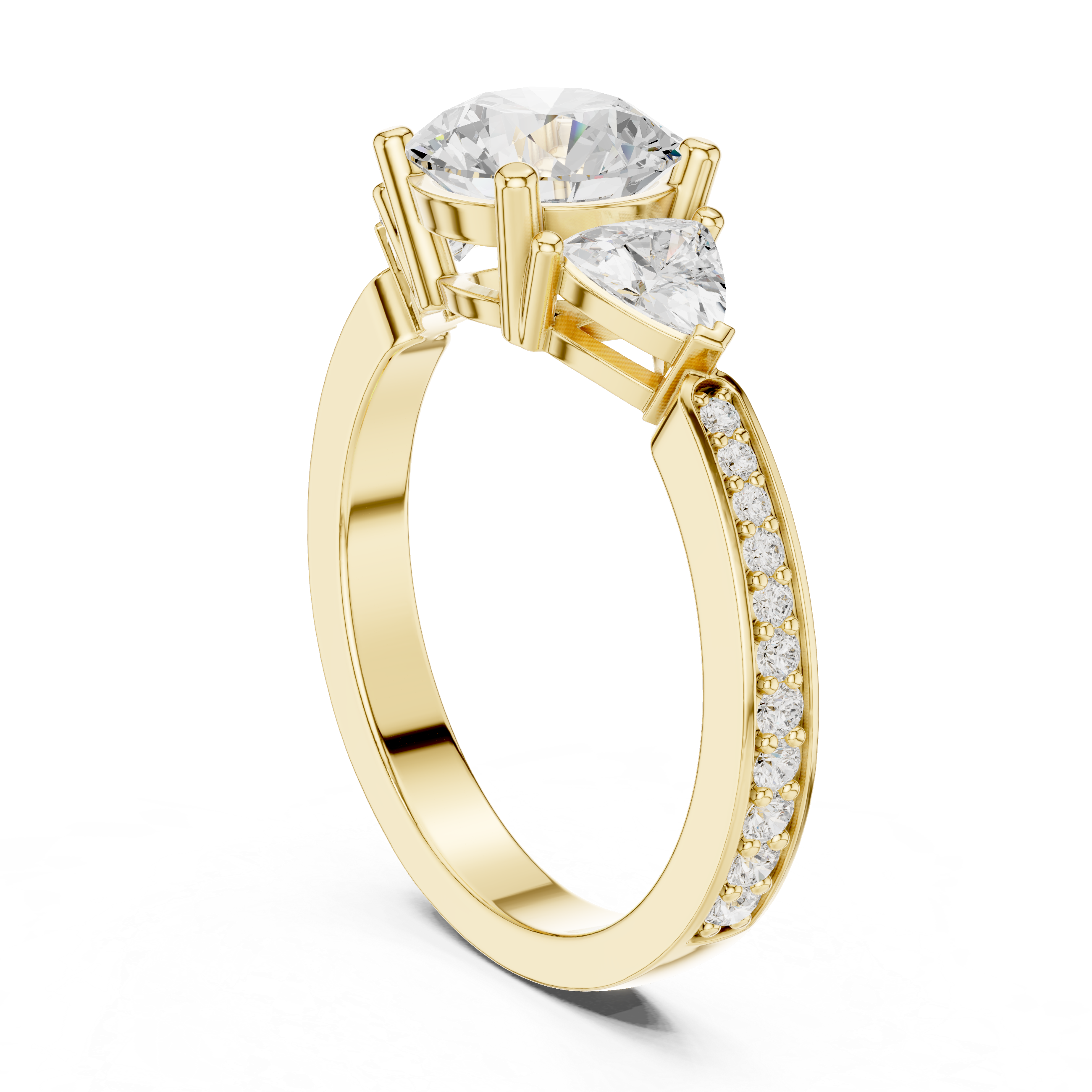 Three-stone diamond ring with pav‚-accented band.