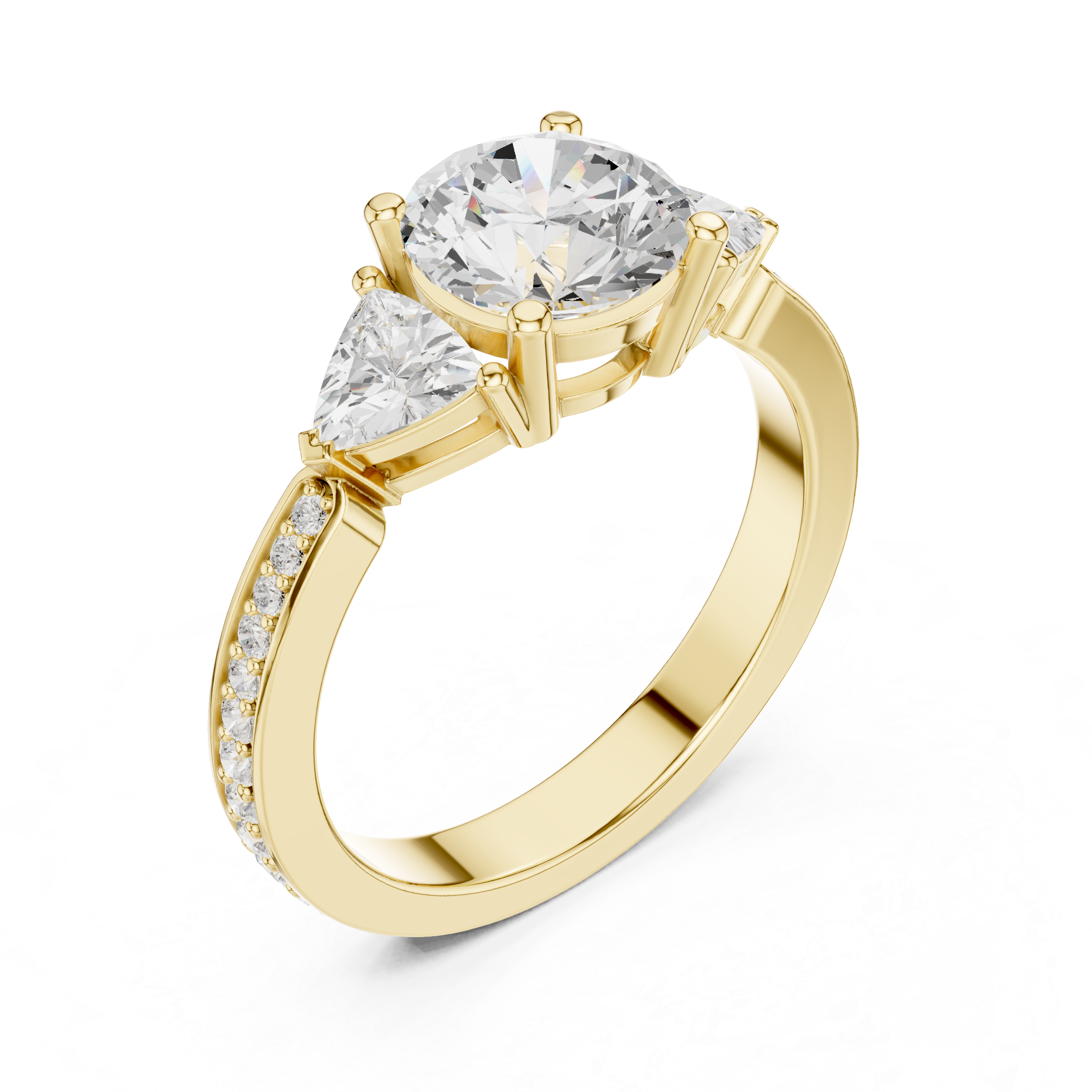 Three-stone diamond ring with pav‚-accented band.