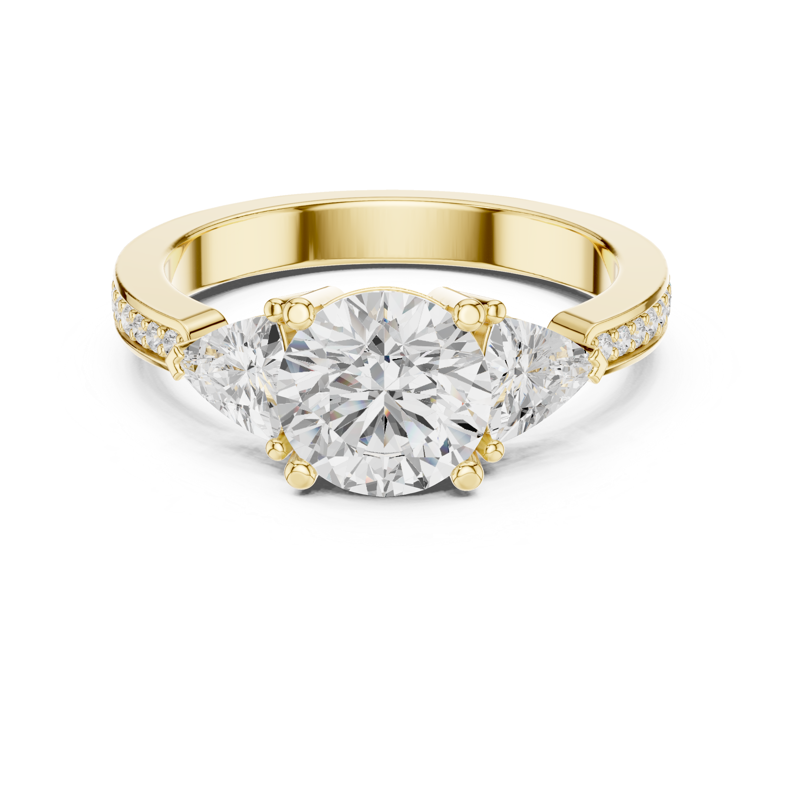 Three-stone diamond ring with pav‚-accented band.