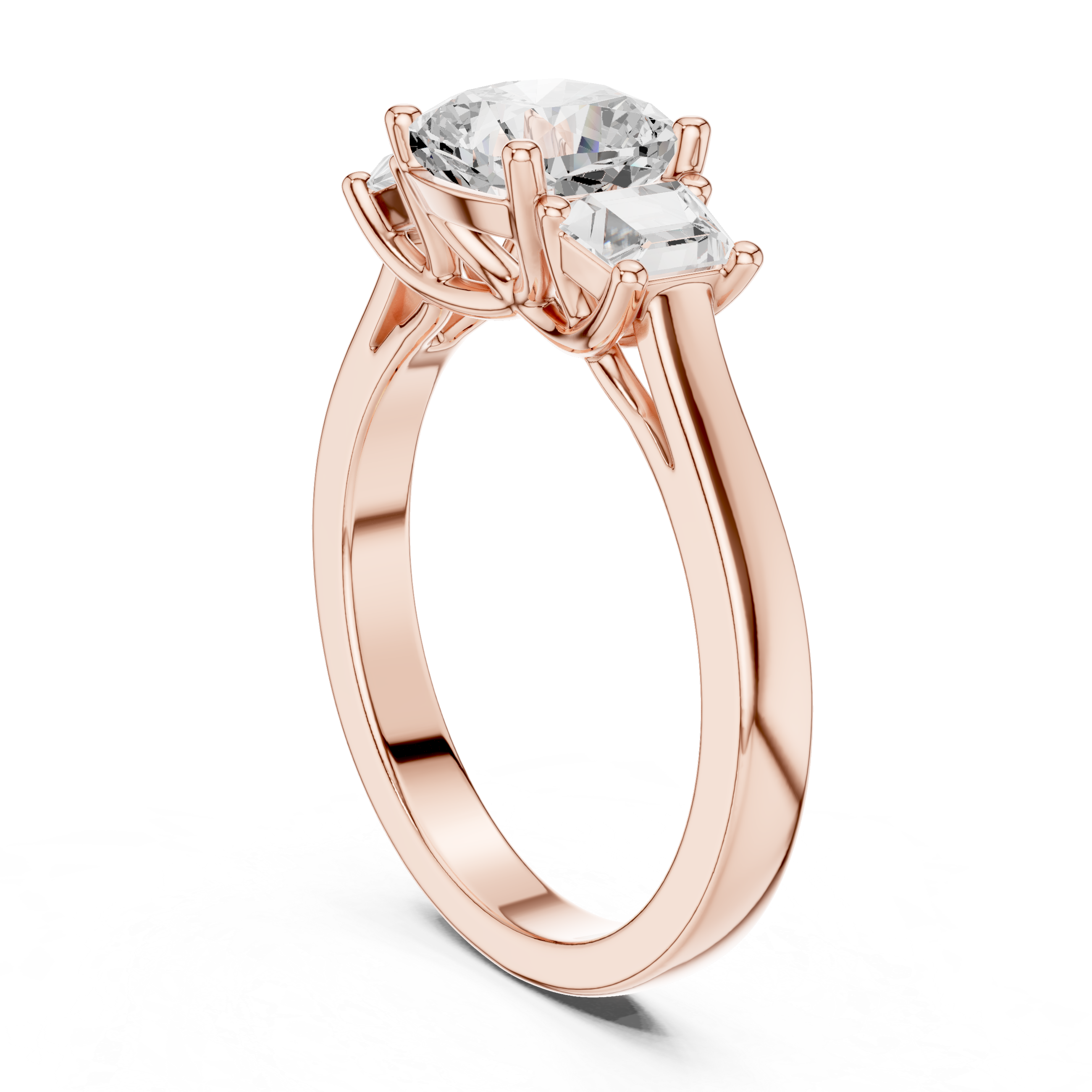 Cushion-cut three-stone diamond engagement ring with emerald-cut side diamonds on a smooth band.