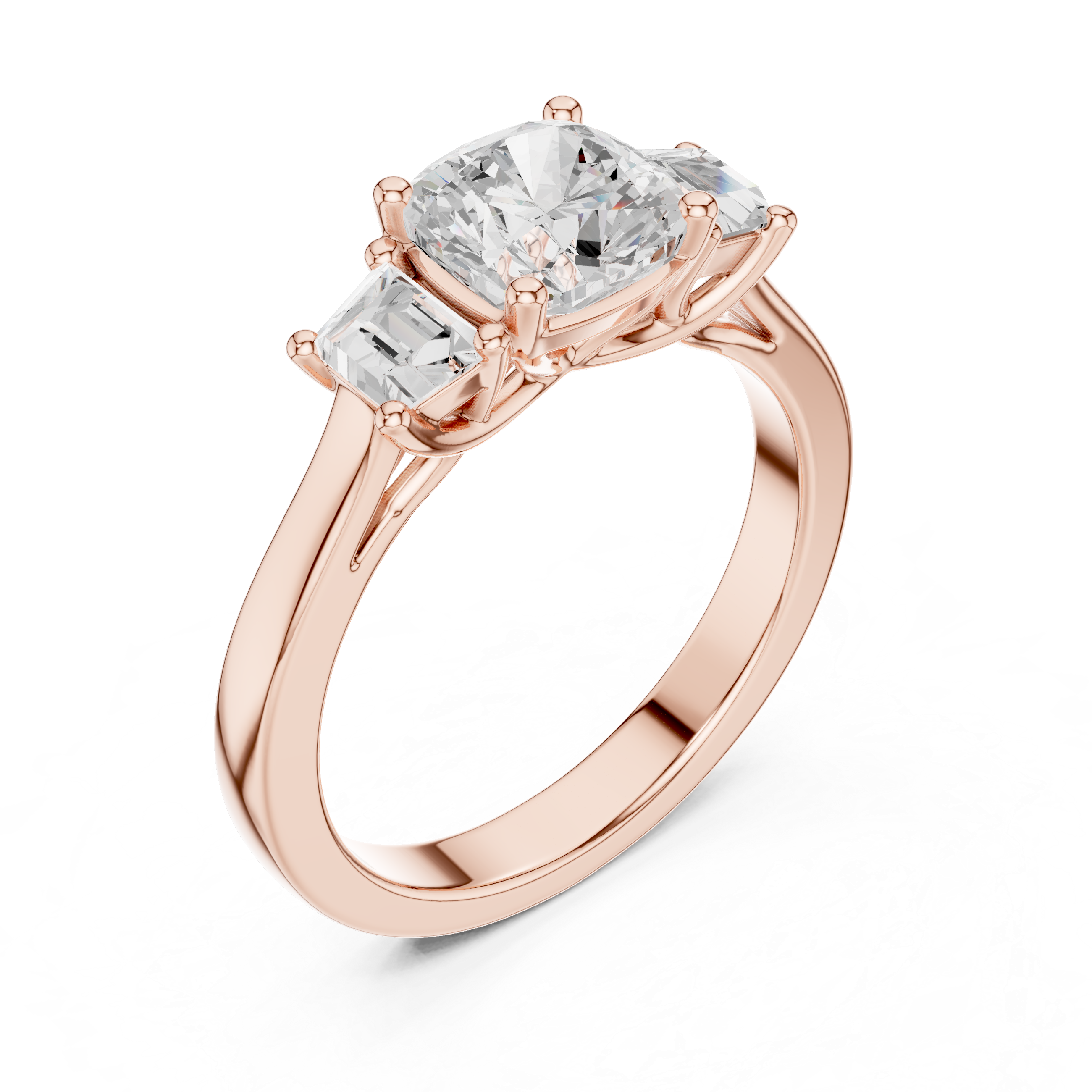 Cushion-cut three-stone diamond engagement ring with emerald-cut side diamonds on a smooth band.