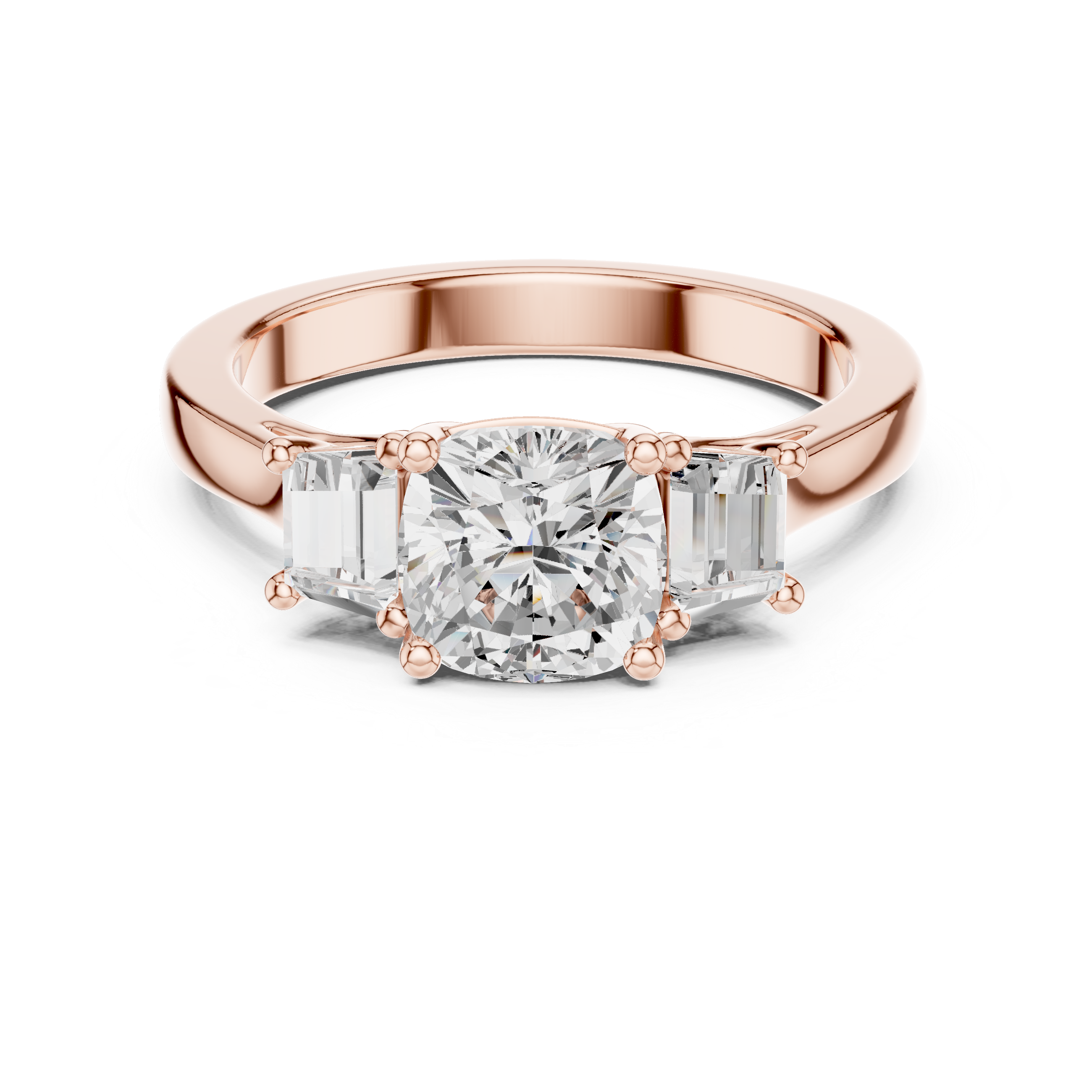Cushion-cut three-stone diamond engagement ring with emerald-cut side diamonds on a smooth band.
