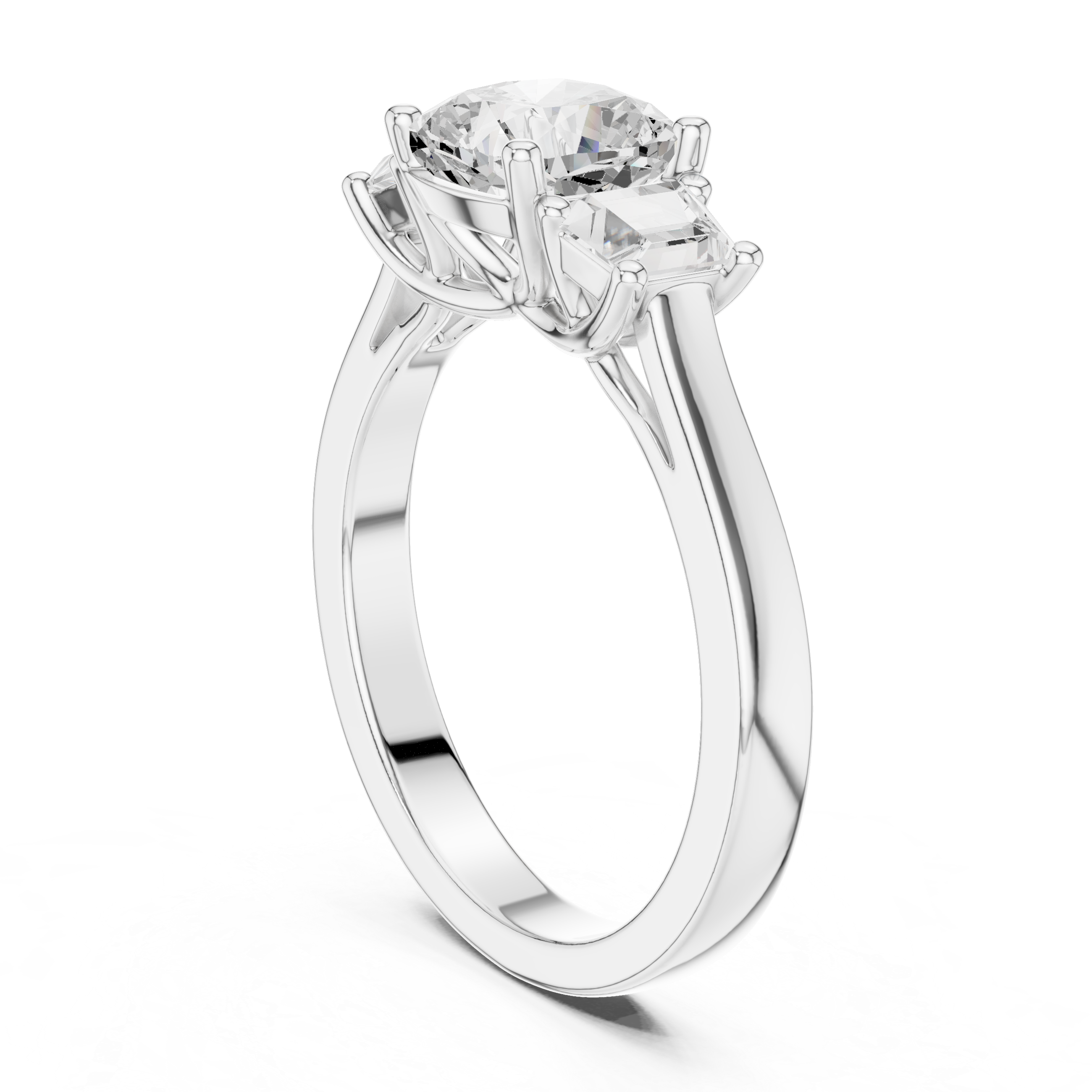 Cushion-cut three-stone diamond engagement ring with emerald-cut side diamonds on a smooth band.