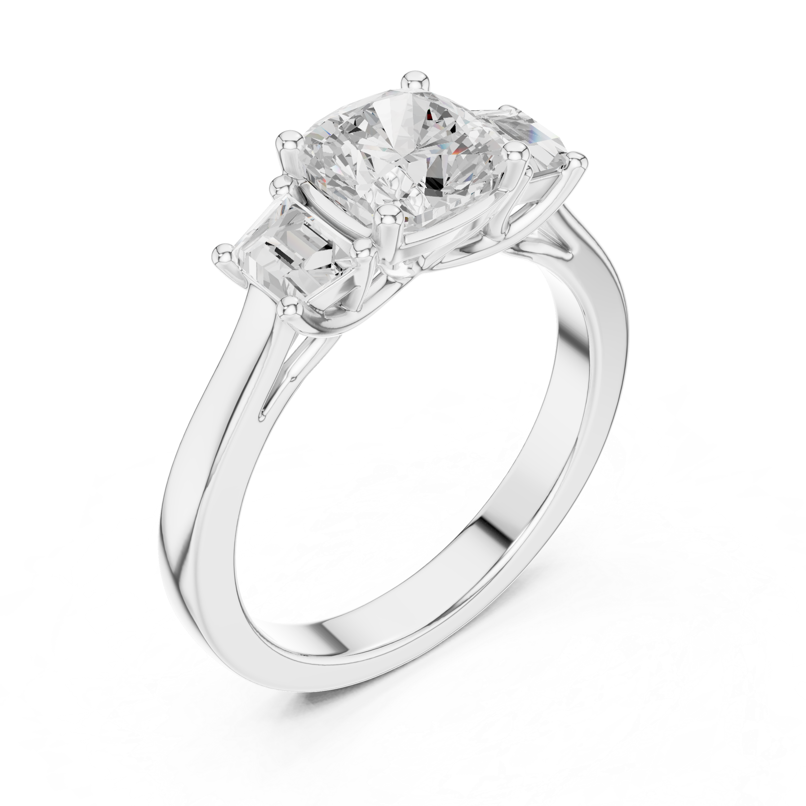 Cushion-cut three-stone diamond engagement ring with emerald-cut side diamonds on a smooth band.