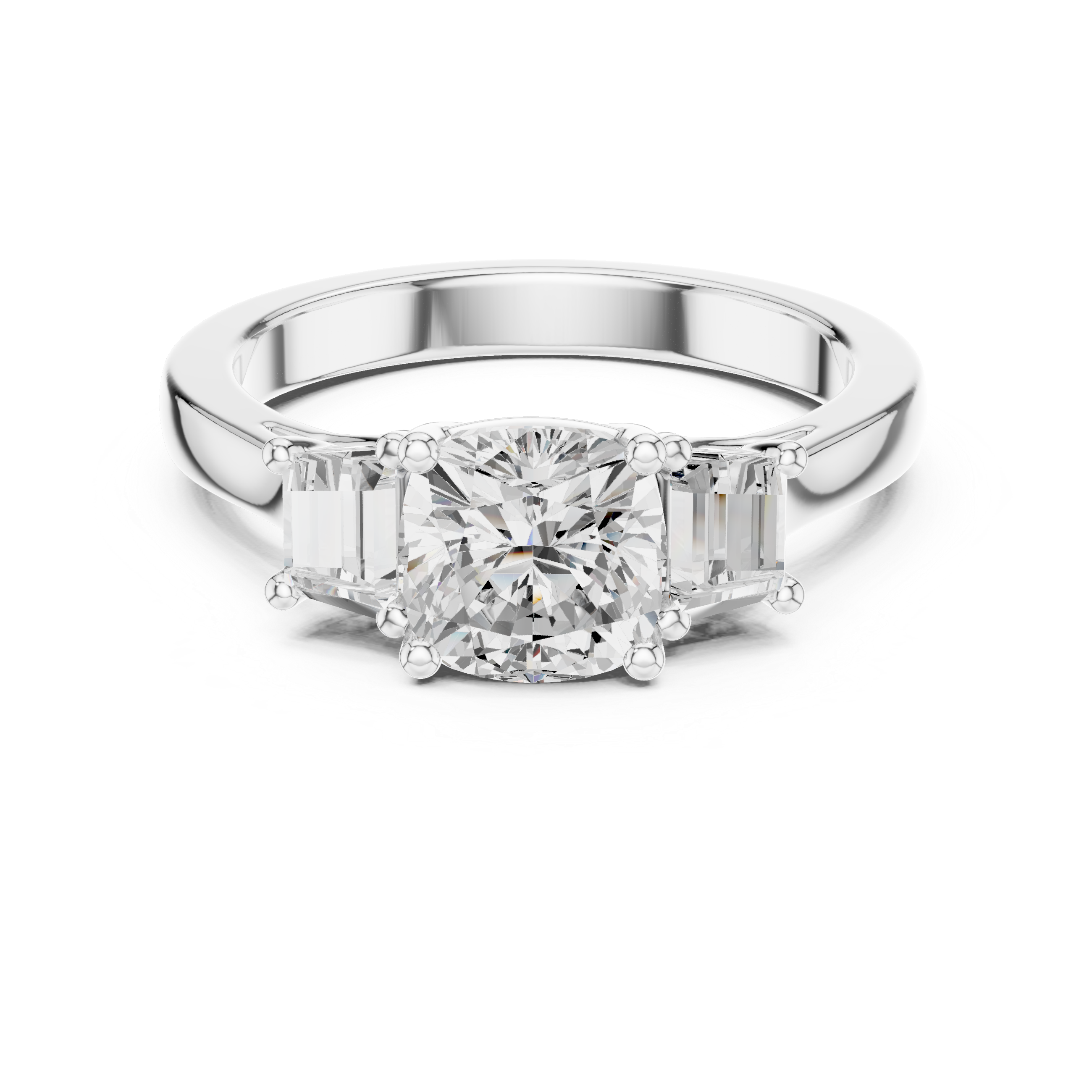 Cushion-cut three-stone diamond engagement ring with emerald-cut side diamonds on a smooth band.