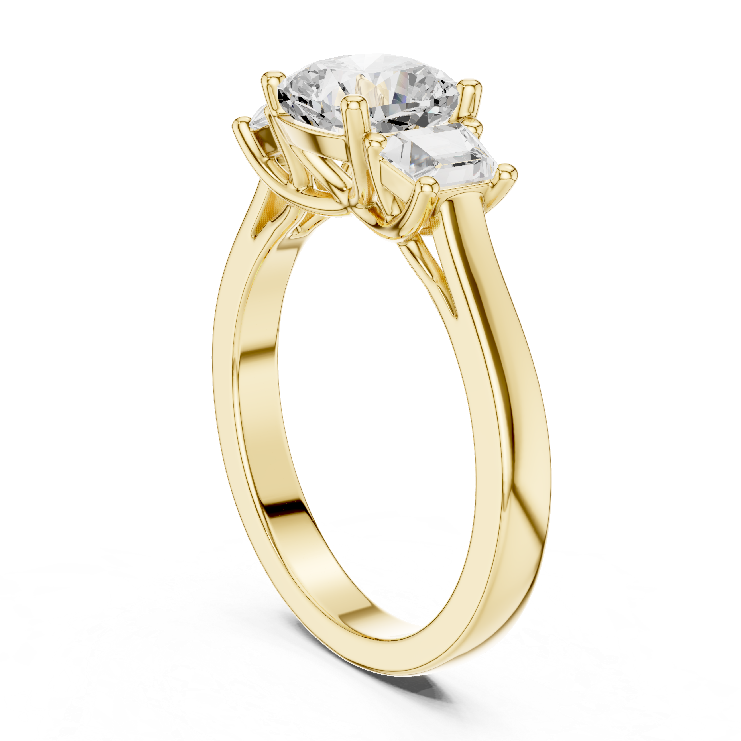Cushion-cut three-stone diamond engagement ring with emerald-cut side diamonds on a smooth band.