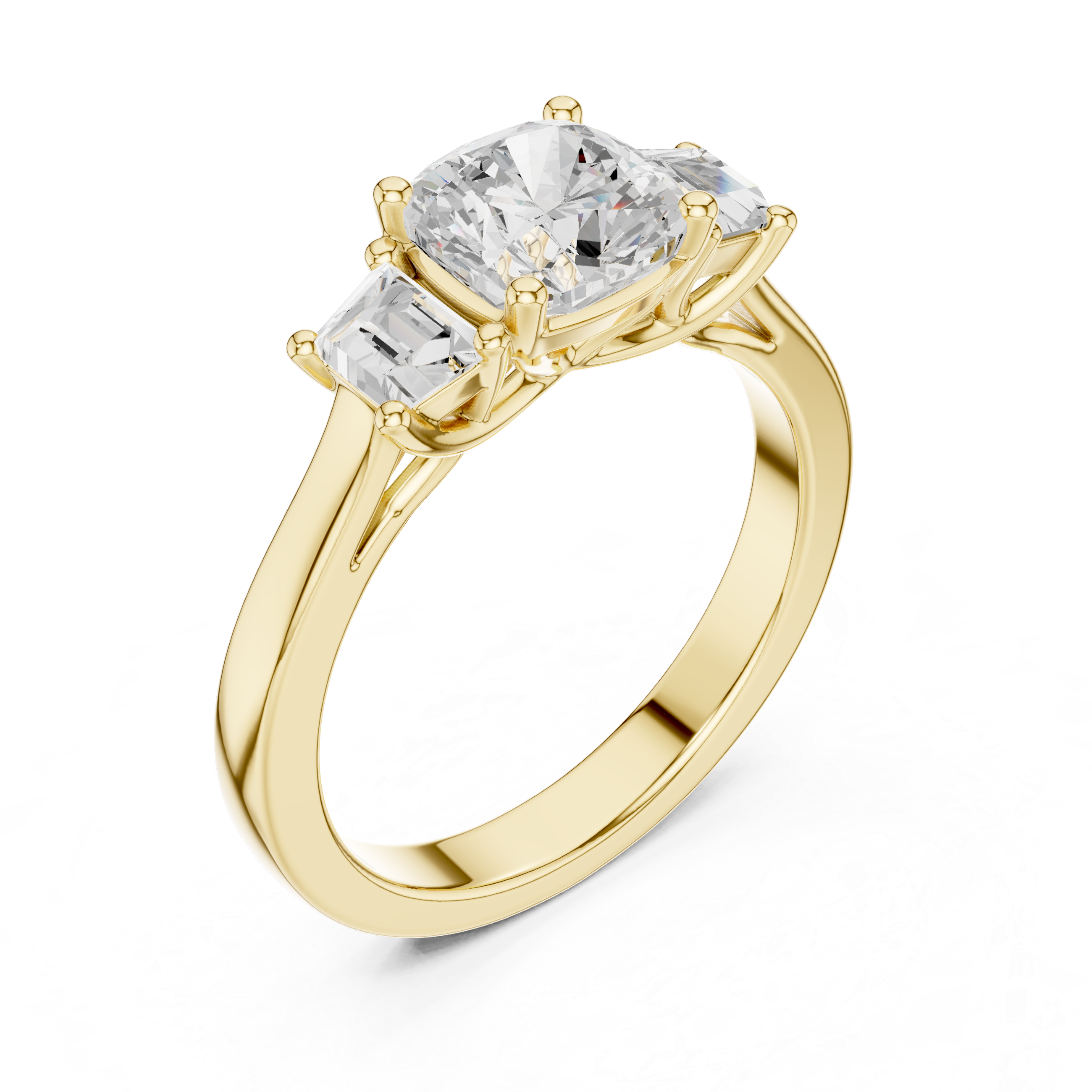 Cushion-cut three-stone diamond engagement ring with emerald-cut side diamonds on a smooth band.