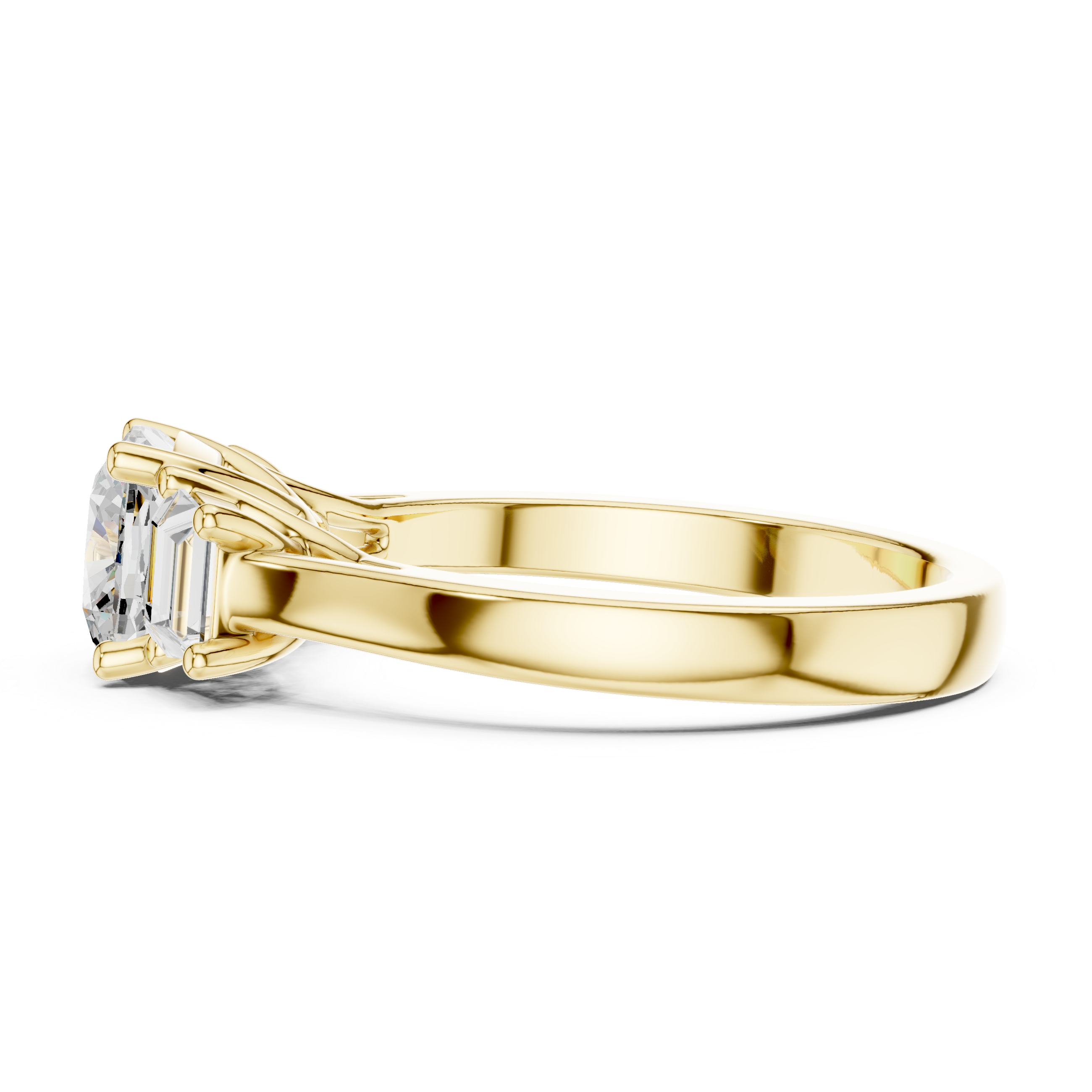 Cushion-cut three-stone diamond engagement ring with emerald-cut side diamonds on a smooth band.