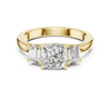 Cushion-cut three-stone diamond engagement ring with emerald-cut side diamonds on a smooth band.