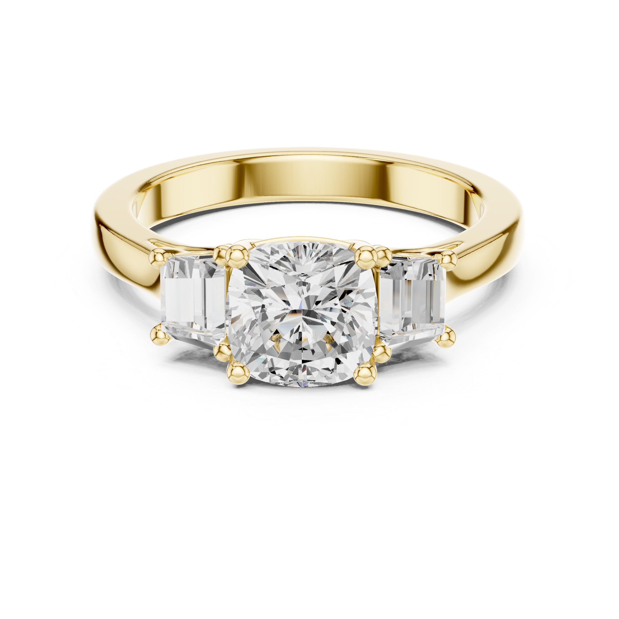 Cushion-cut three-stone diamond engagement ring with emerald-cut side diamonds on a smooth band.