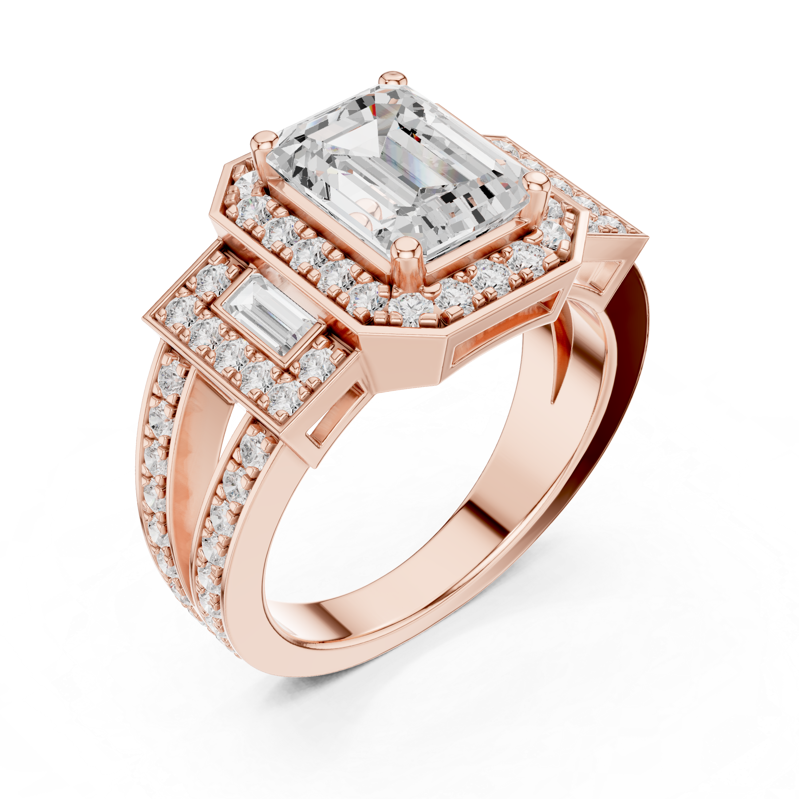 Emerald-Cut Diamond Halo Ring with Side Emerald-Cut Accents