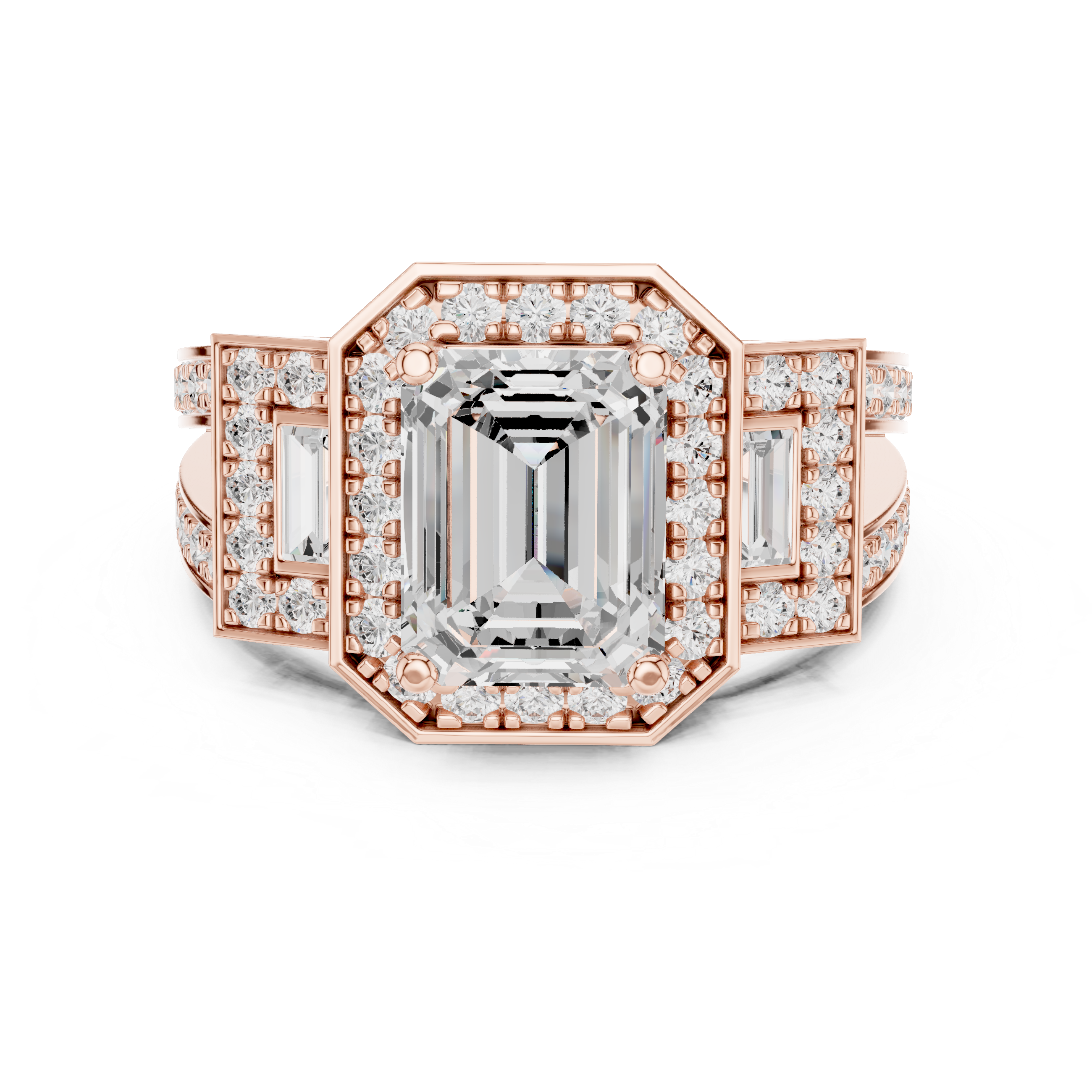 Emerald-Cut Diamond Halo Ring with Side Emerald-Cut Accents