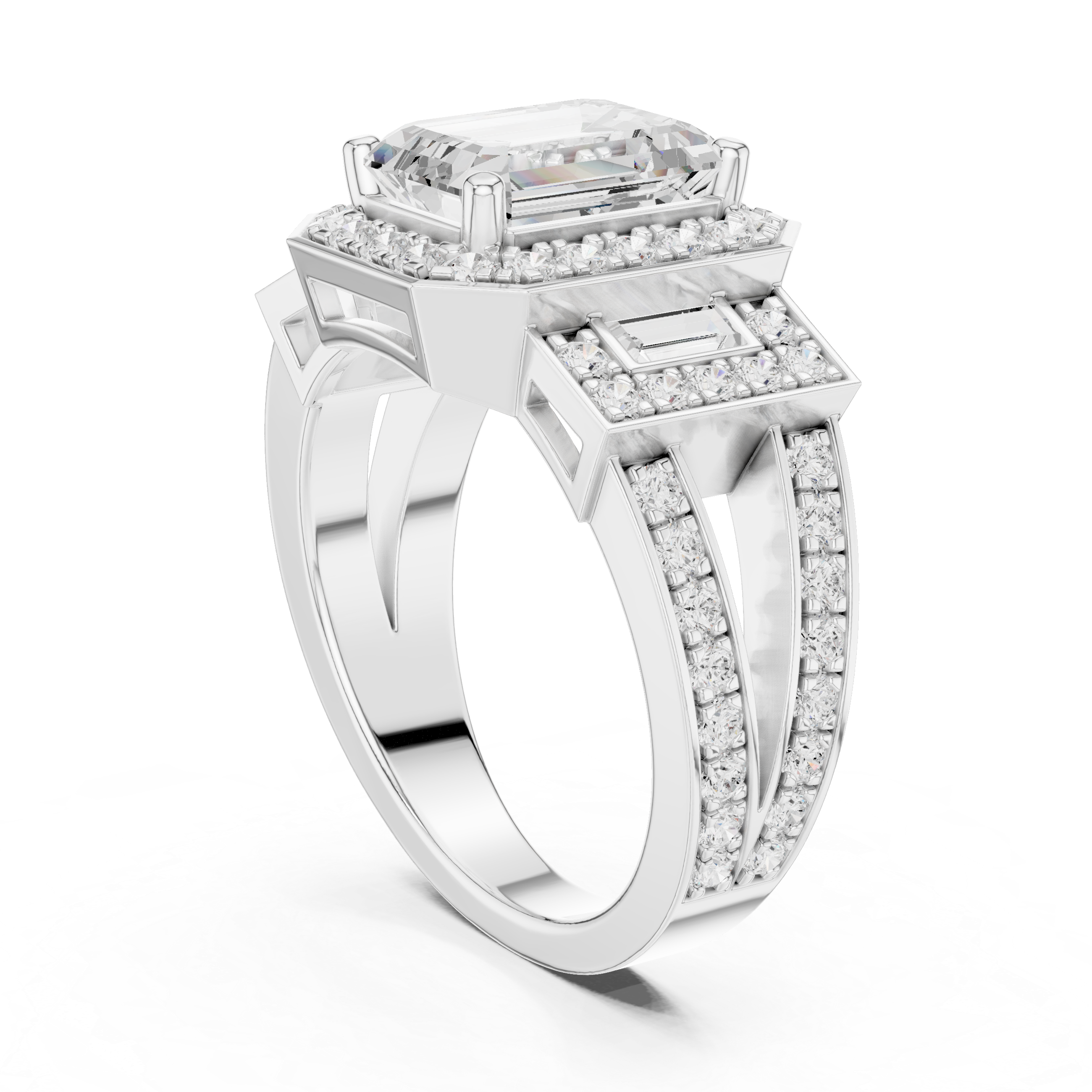 Emerald-Cut Diamond Halo Ring with Side Emerald-Cut Accents