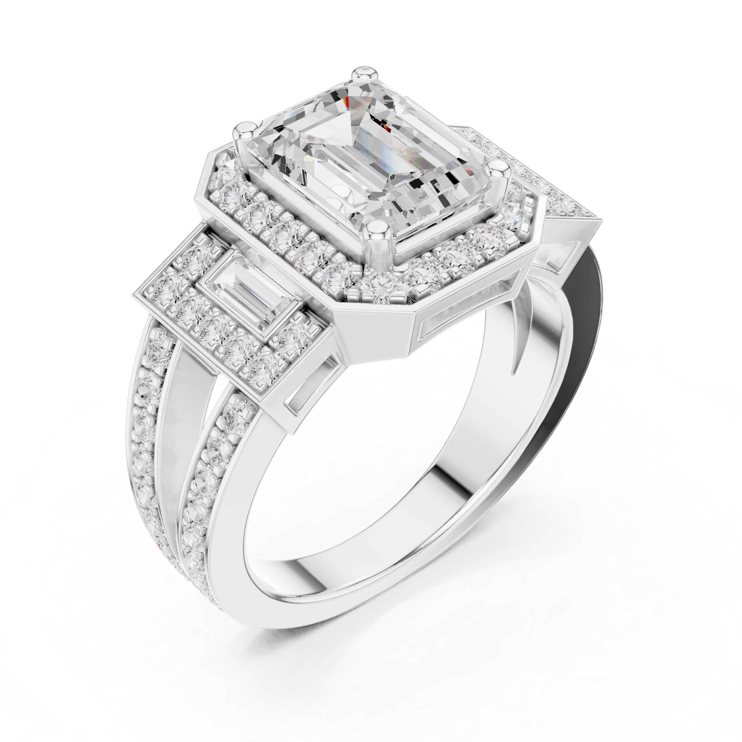 Emerald-Cut Diamond Halo Ring with Side Emerald-Cut Accents