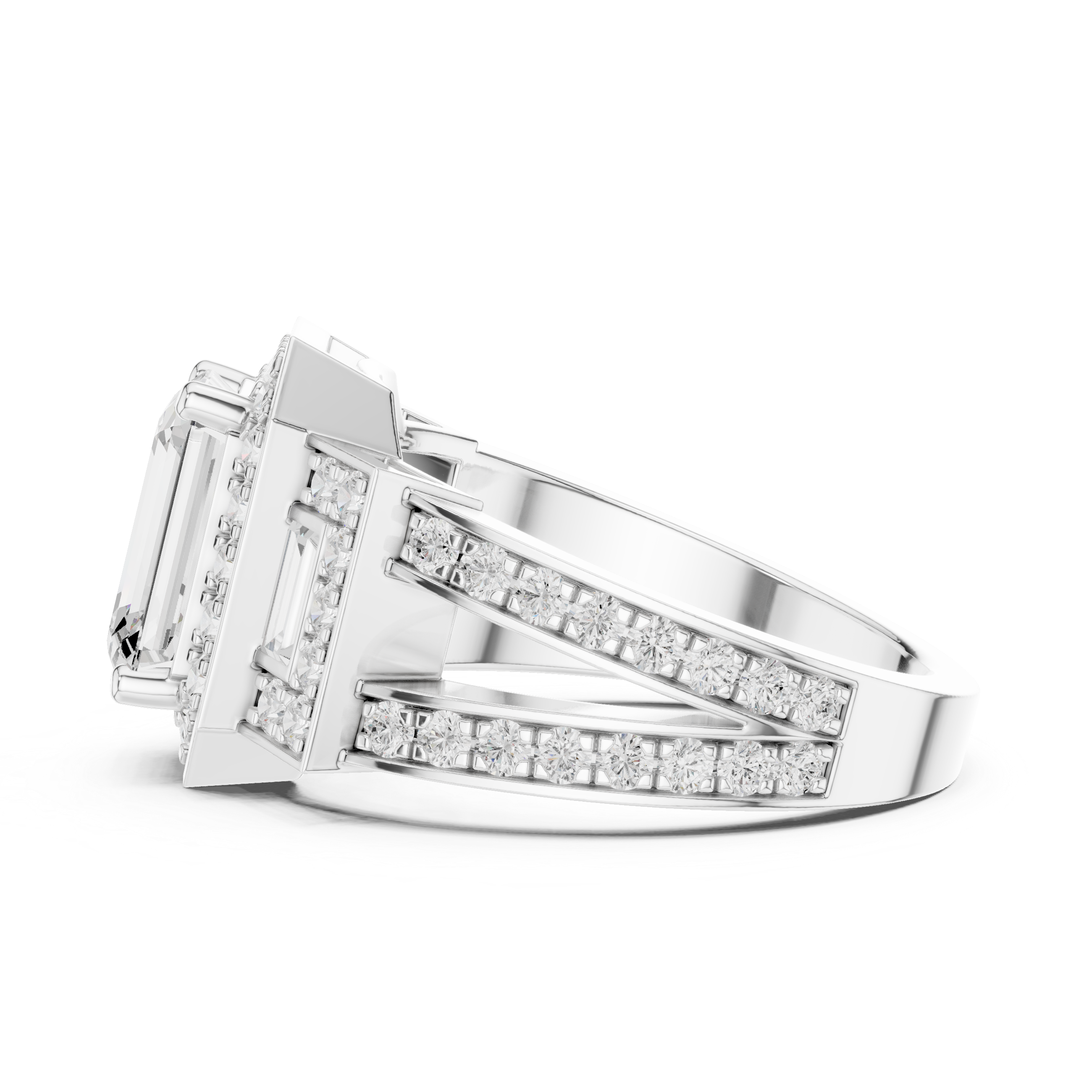 Emerald-Cut Diamond Halo Ring with Side Emerald-Cut Accents