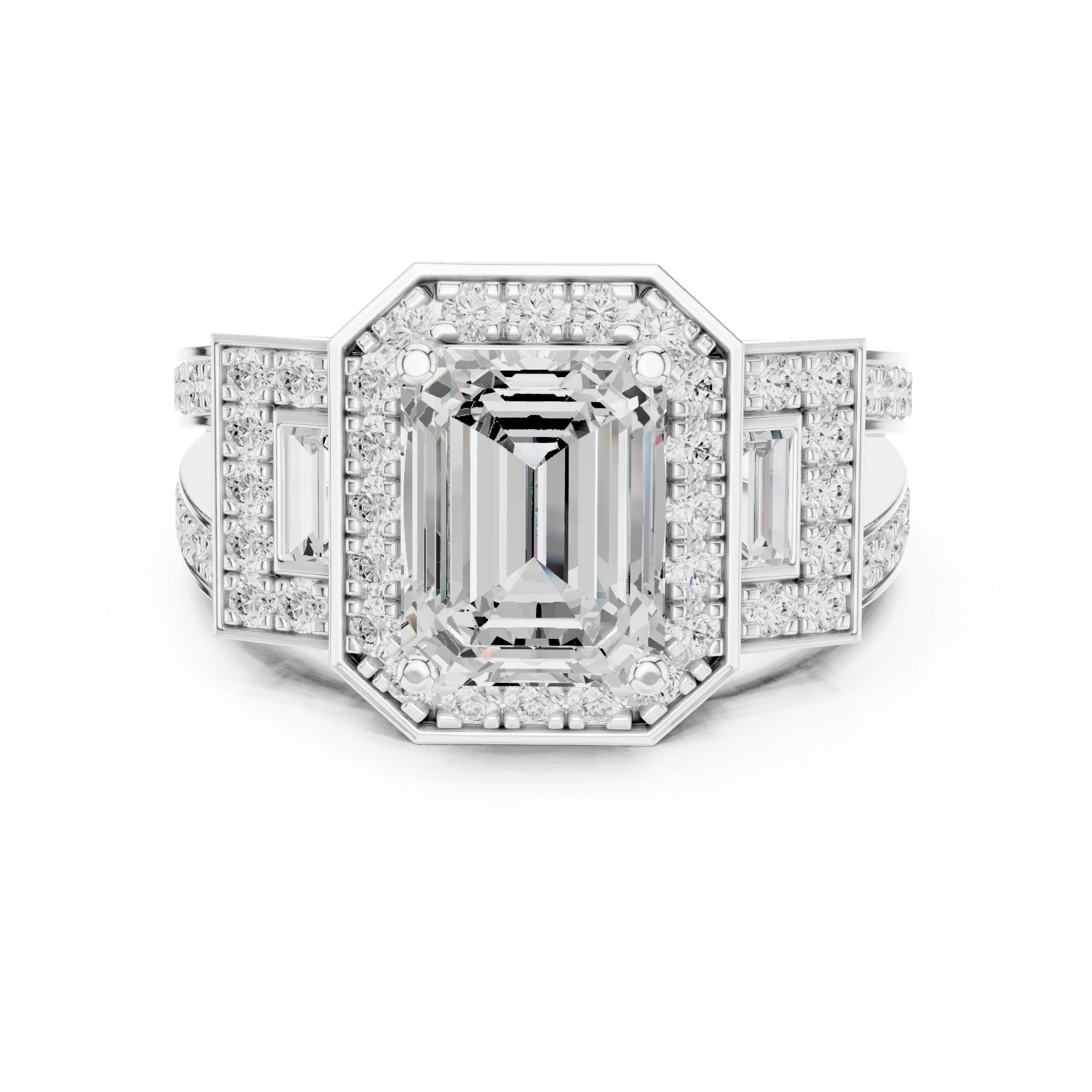Emerald-Cut Diamond Halo Ring with Side Emerald-Cut Accents