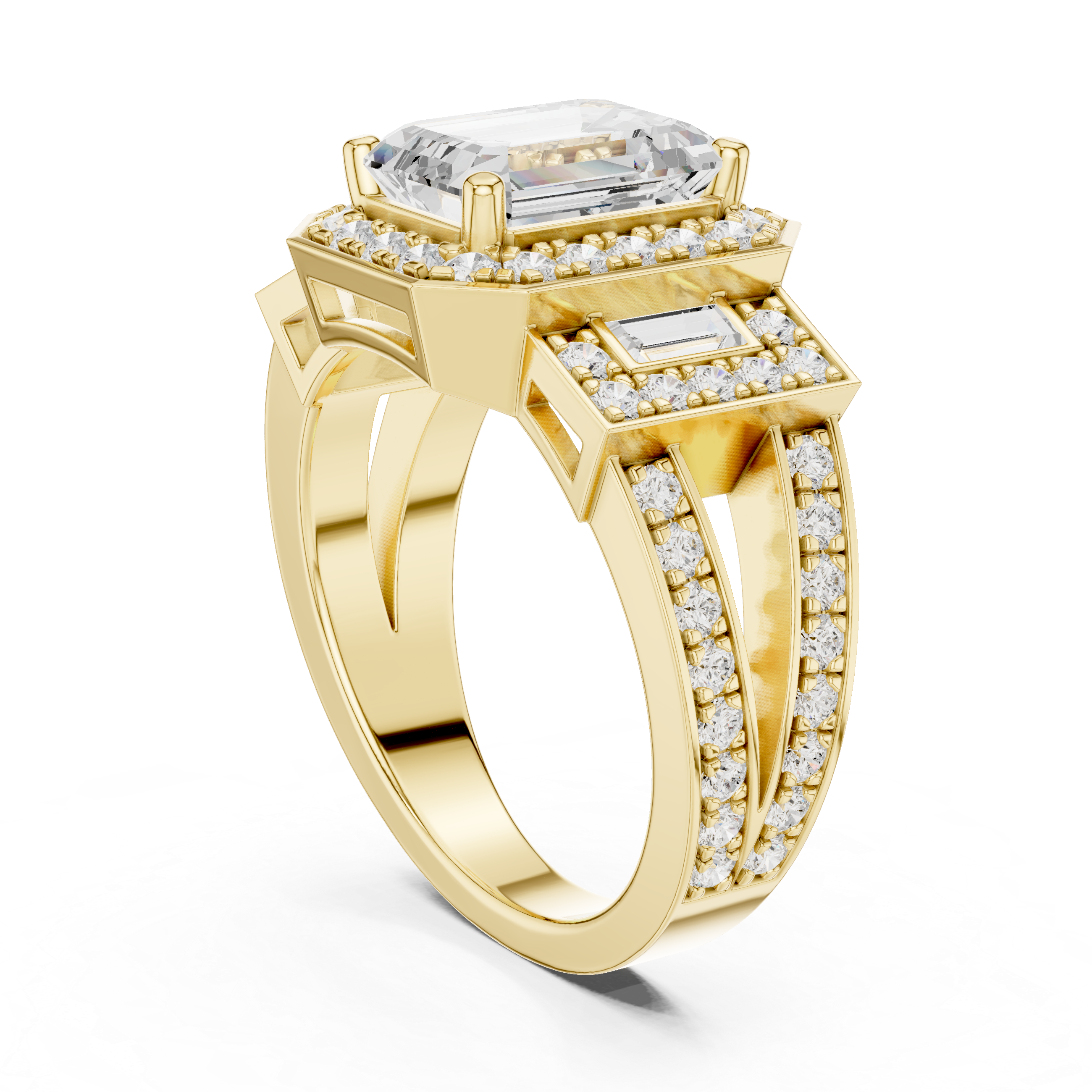 Emerald-Cut Diamond Halo Ring with Side Emerald-Cut Accents
