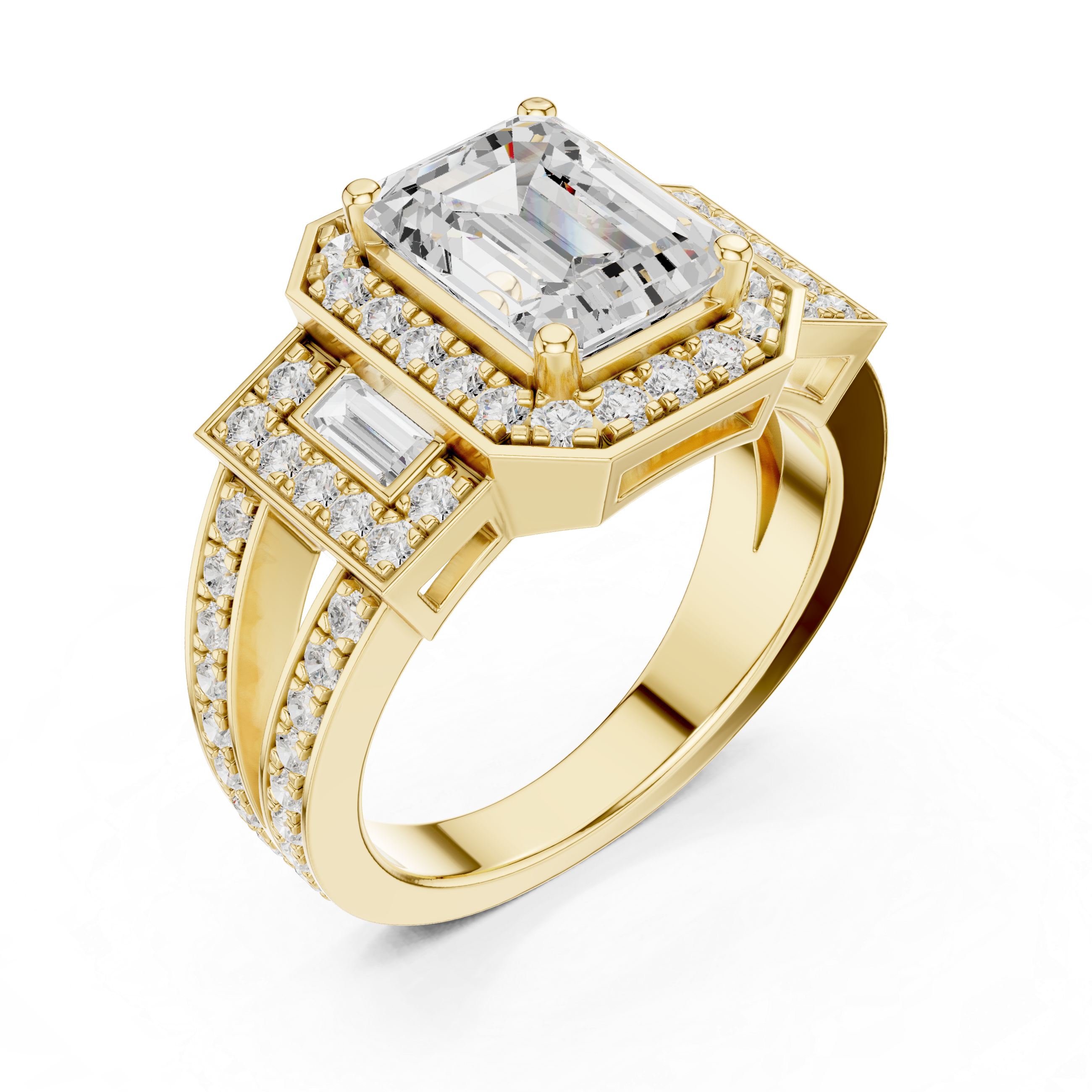 Emerald-Cut Diamond Halo Ring with Side Emerald-Cut Accents