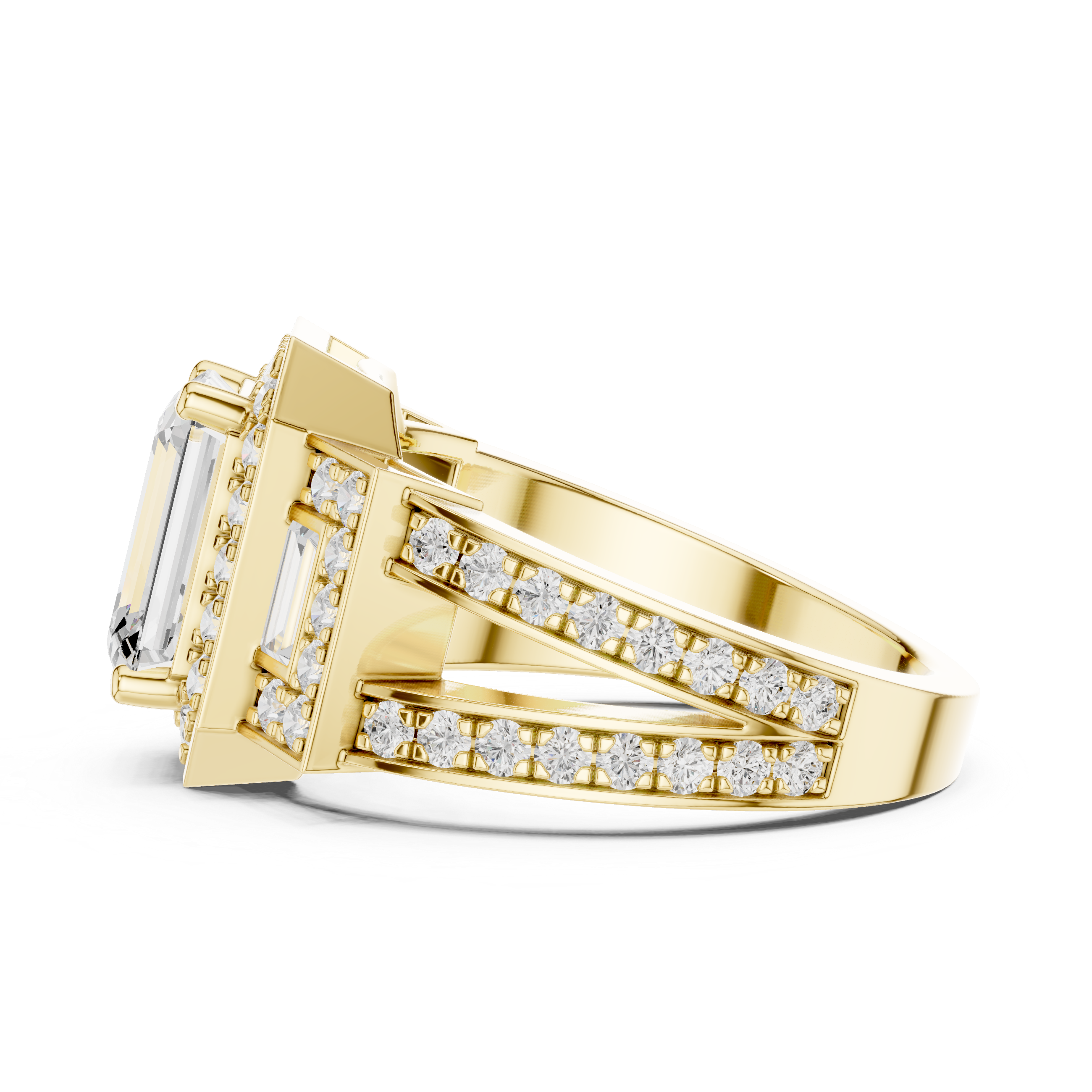 Emerald-Cut Diamond Halo Ring with Side Emerald-Cut Accents