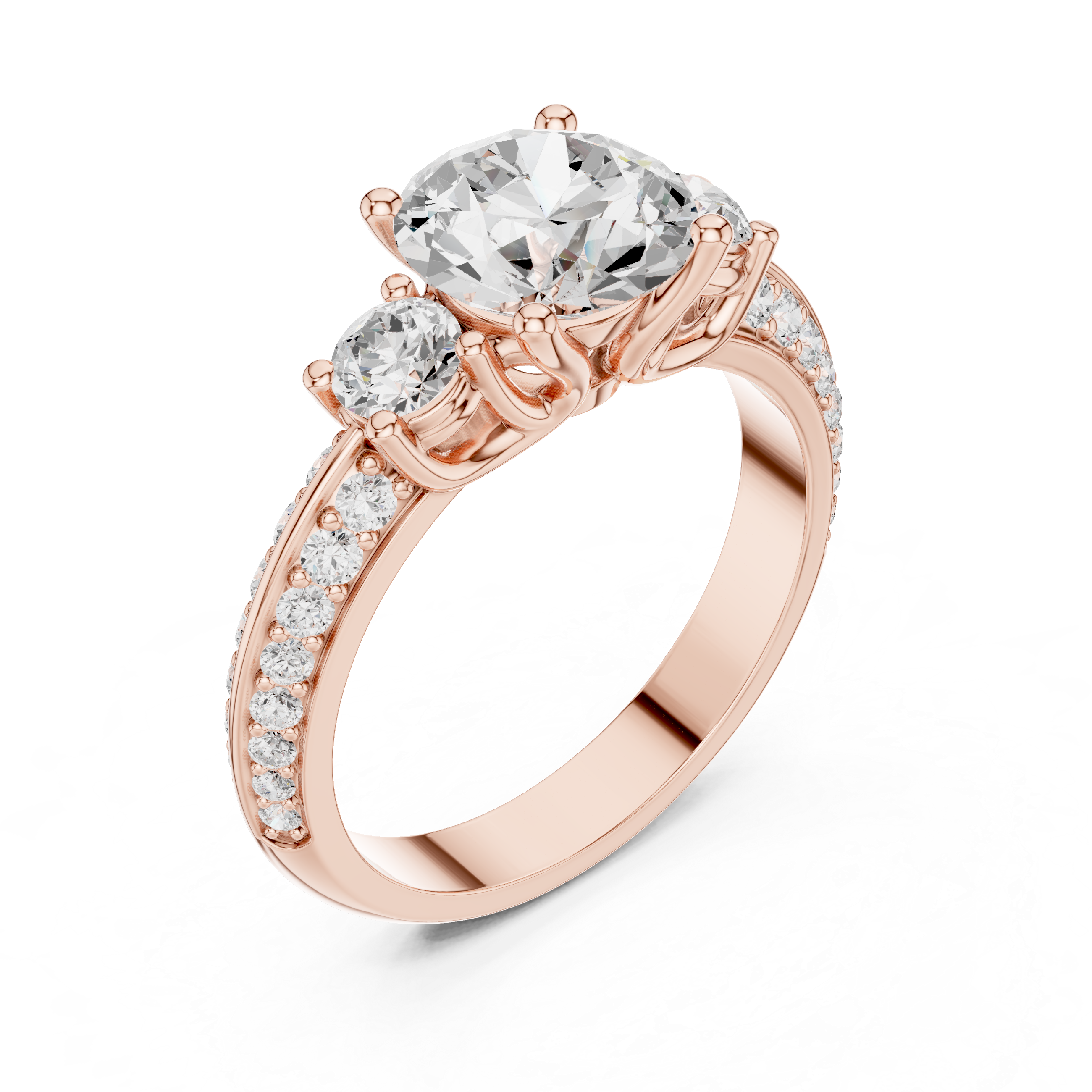 Classic Three-Stone Diamond Engagement Ring with Pave Band