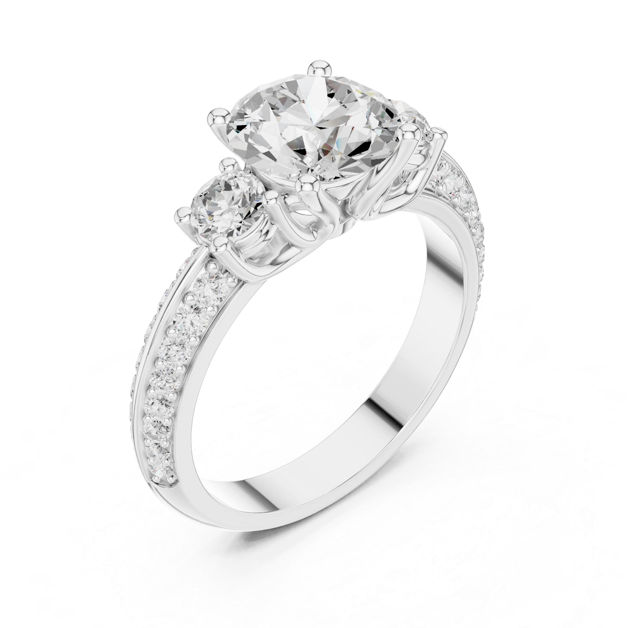 Classic Three-Stone Diamond Engagement Ring with Pave Band