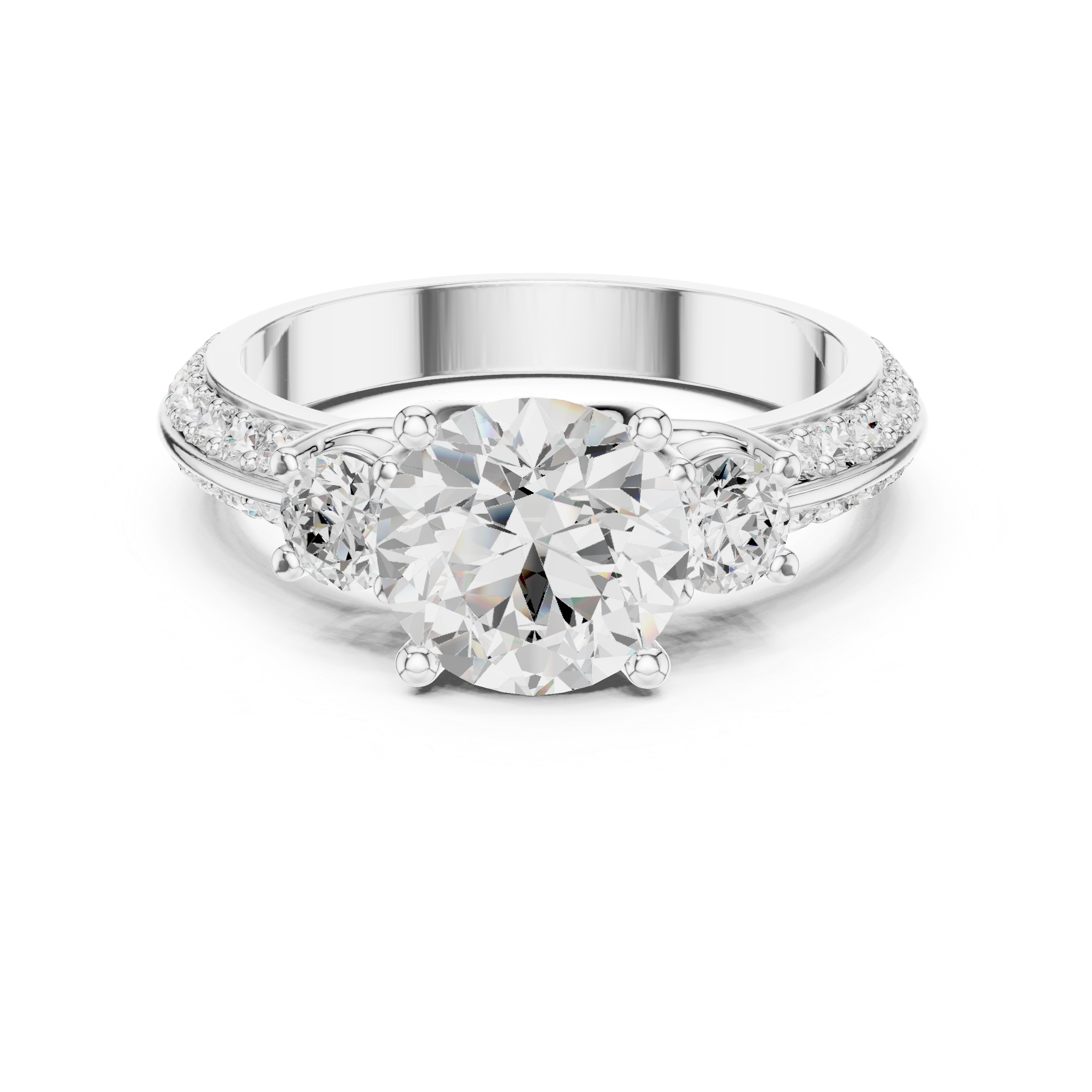 Classic Three-Stone Diamond Engagement Ring with Pave Band