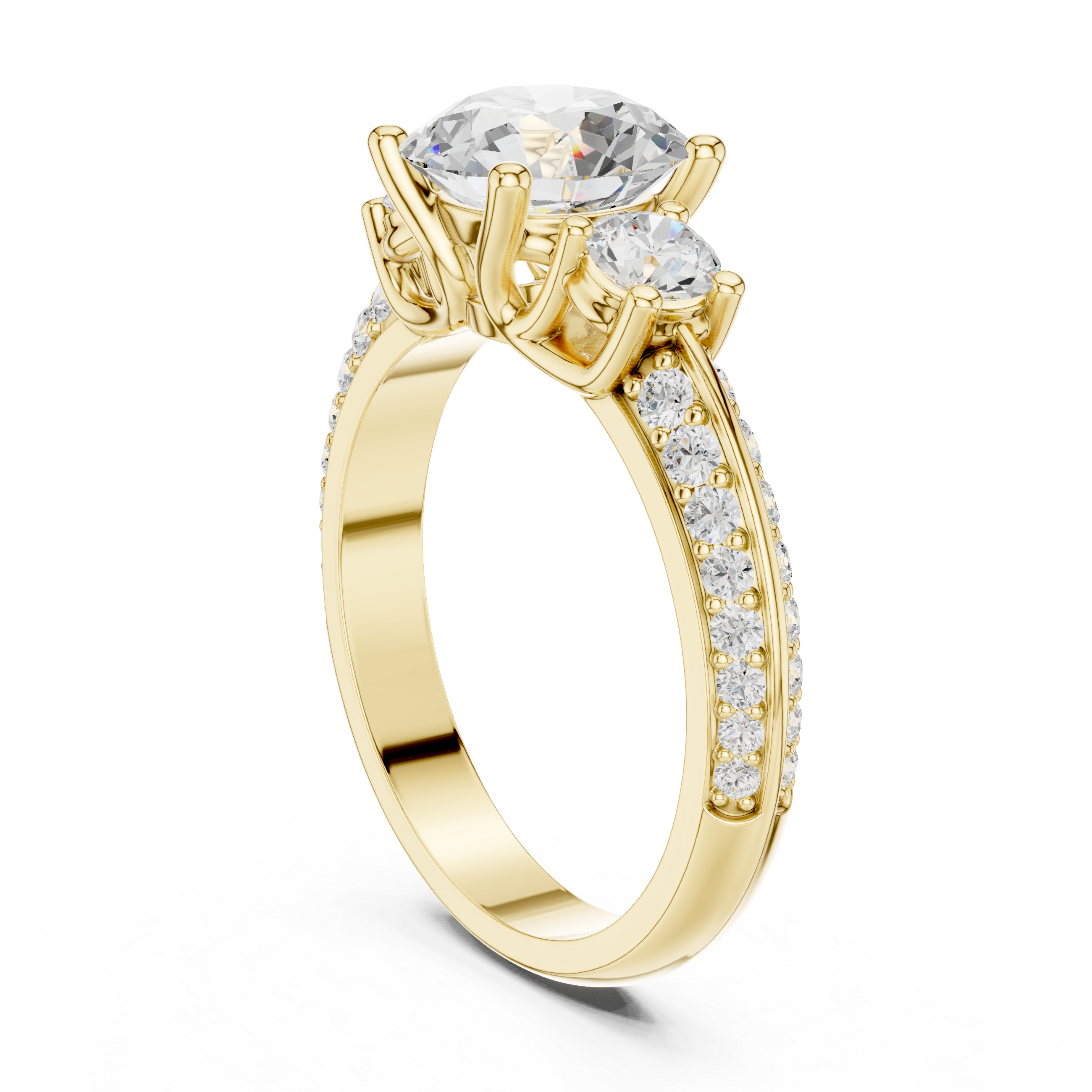Classic Three-Stone Diamond Engagement Ring with Pave Band