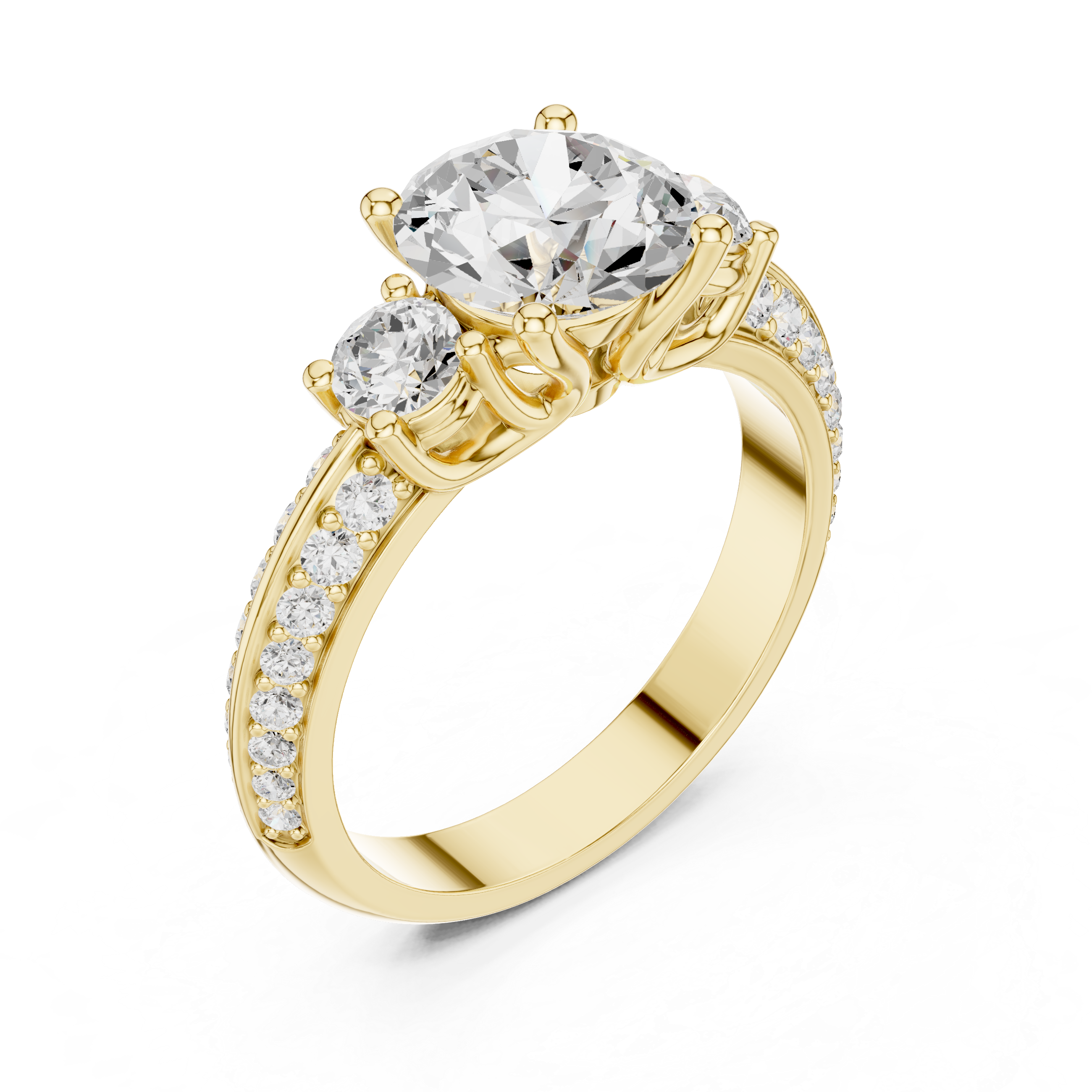 Classic Three-Stone Diamond Engagement Ring with Pave Band