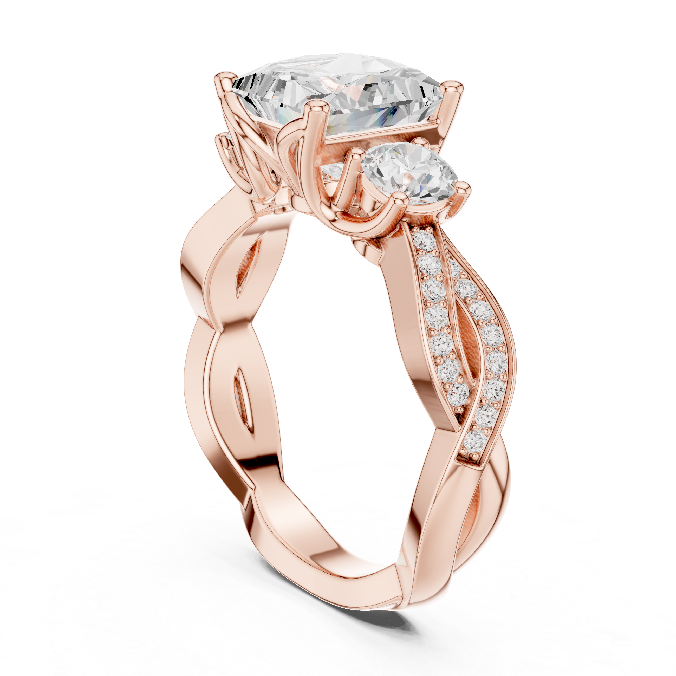 princess-cut center diamond ring with two round side diamonds