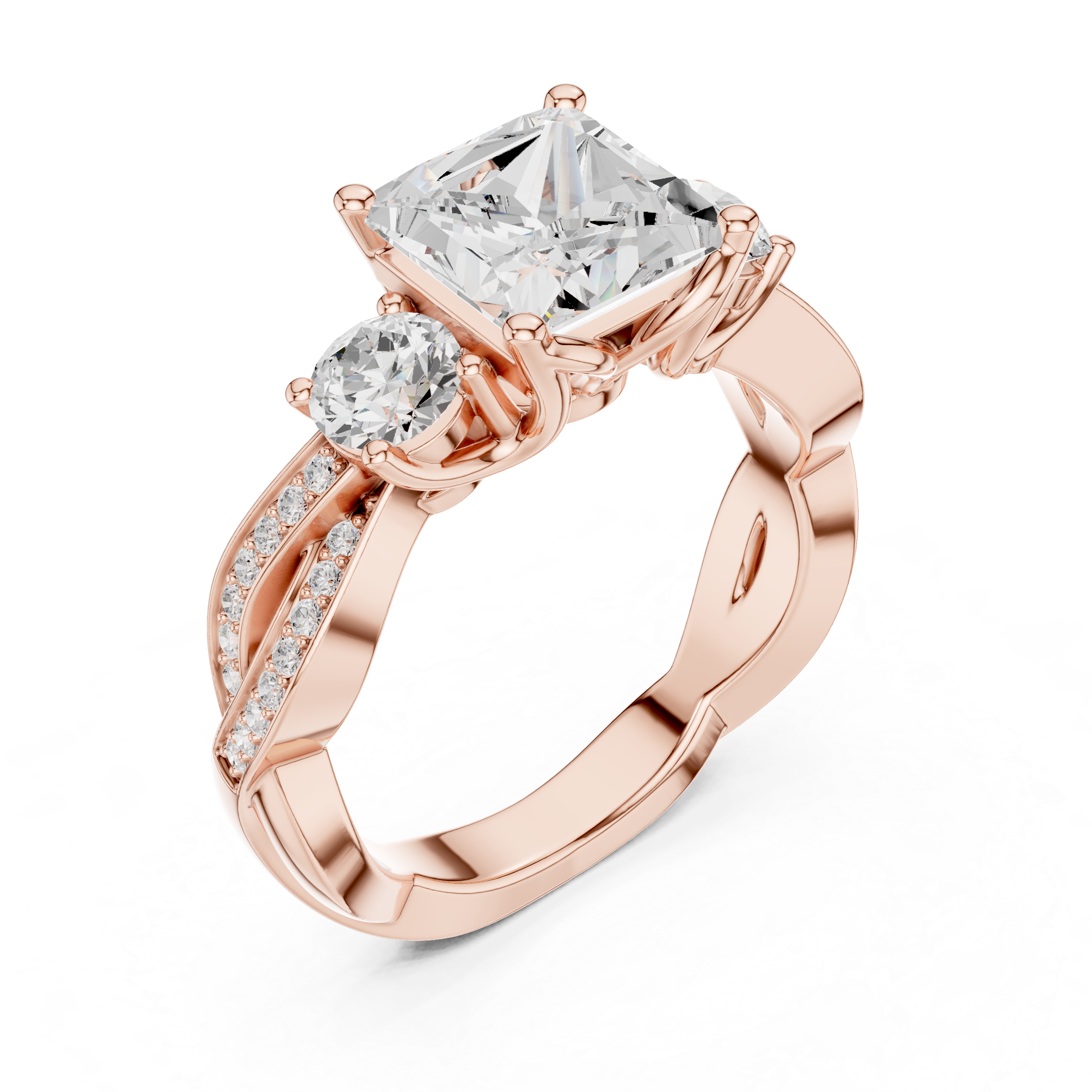 princess-cut center diamond ring with two round side diamonds