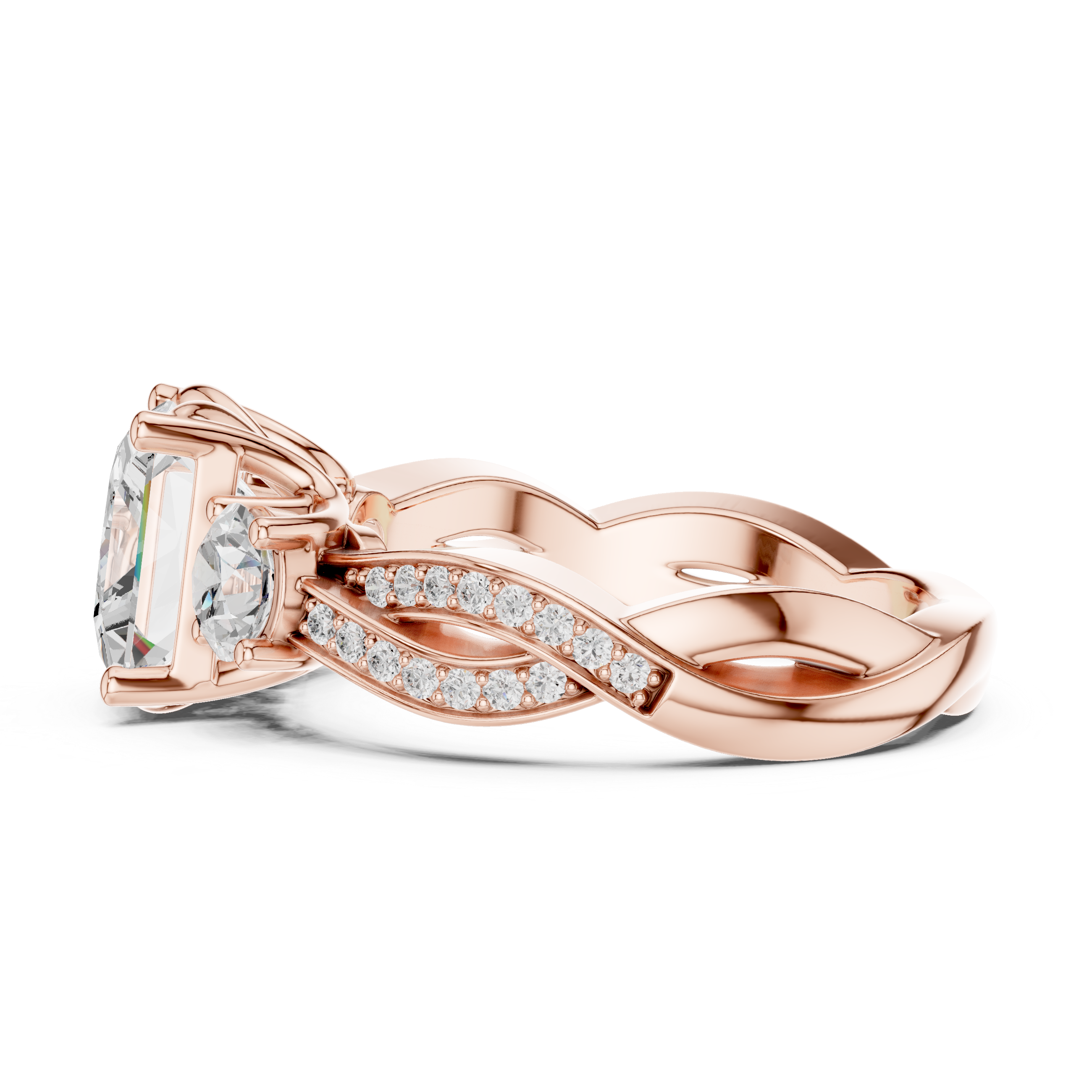 princess-cut center diamond ring with two round side diamonds
