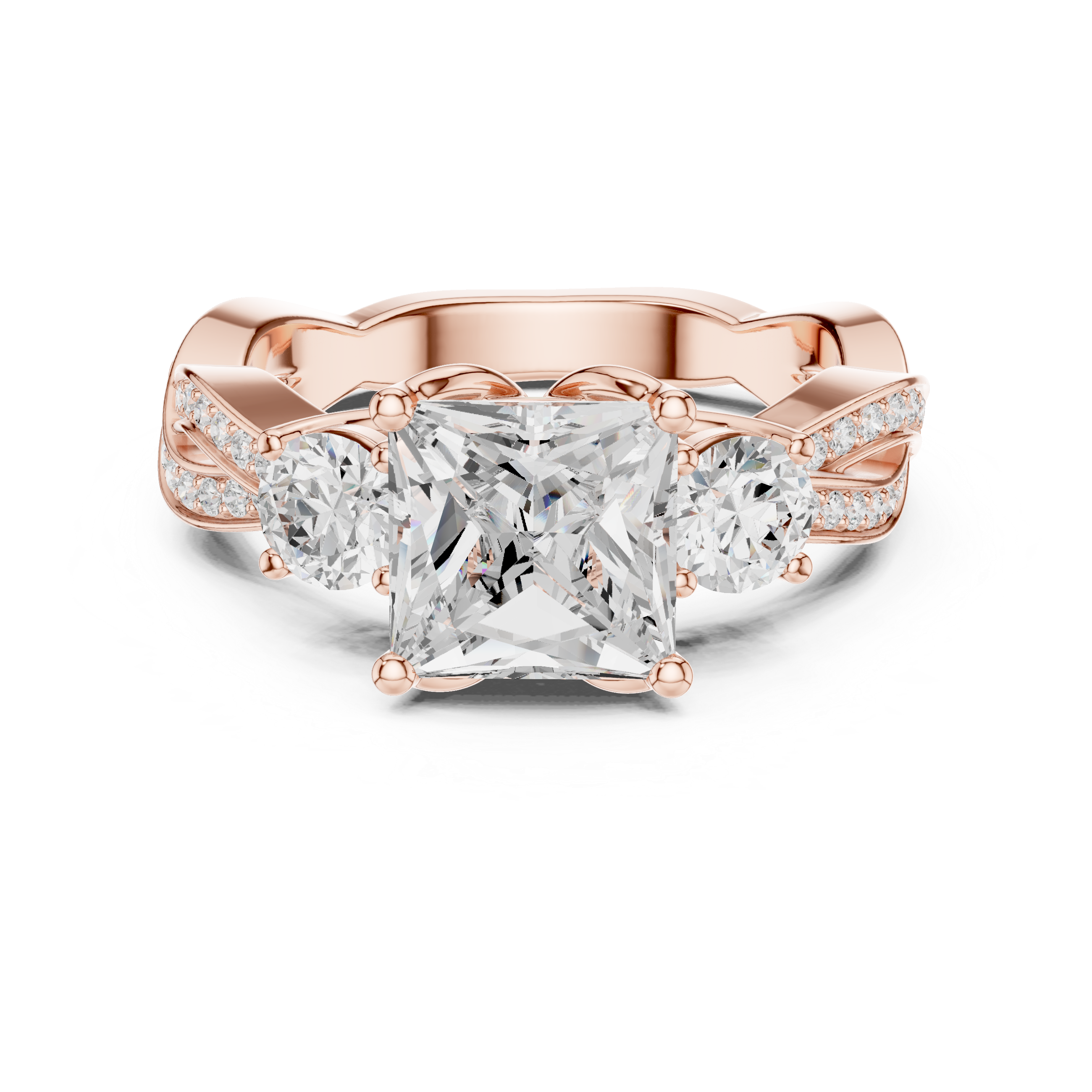 princess-cut center diamond ring with two round side diamonds