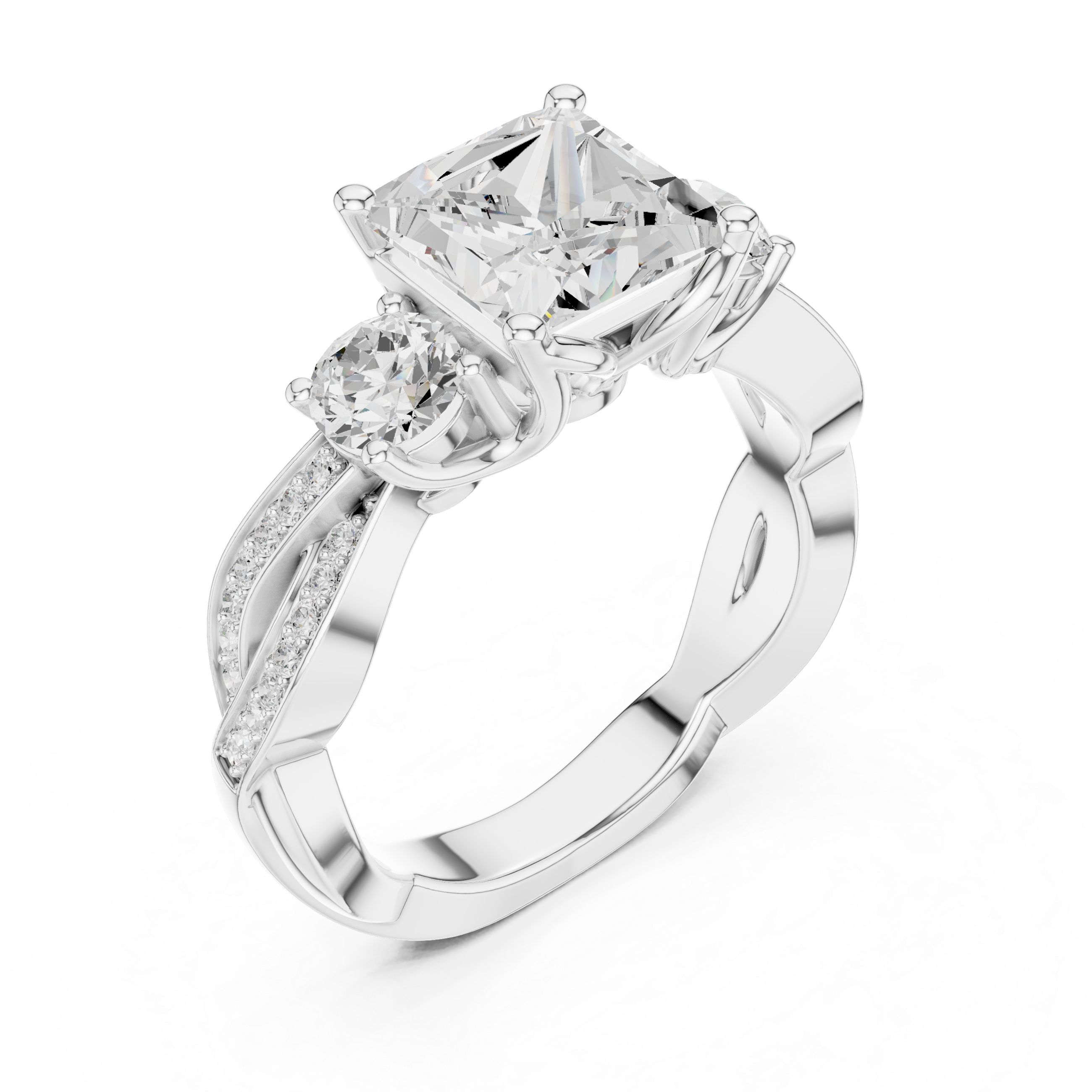 princess-cut center diamond ring with two round side diamonds