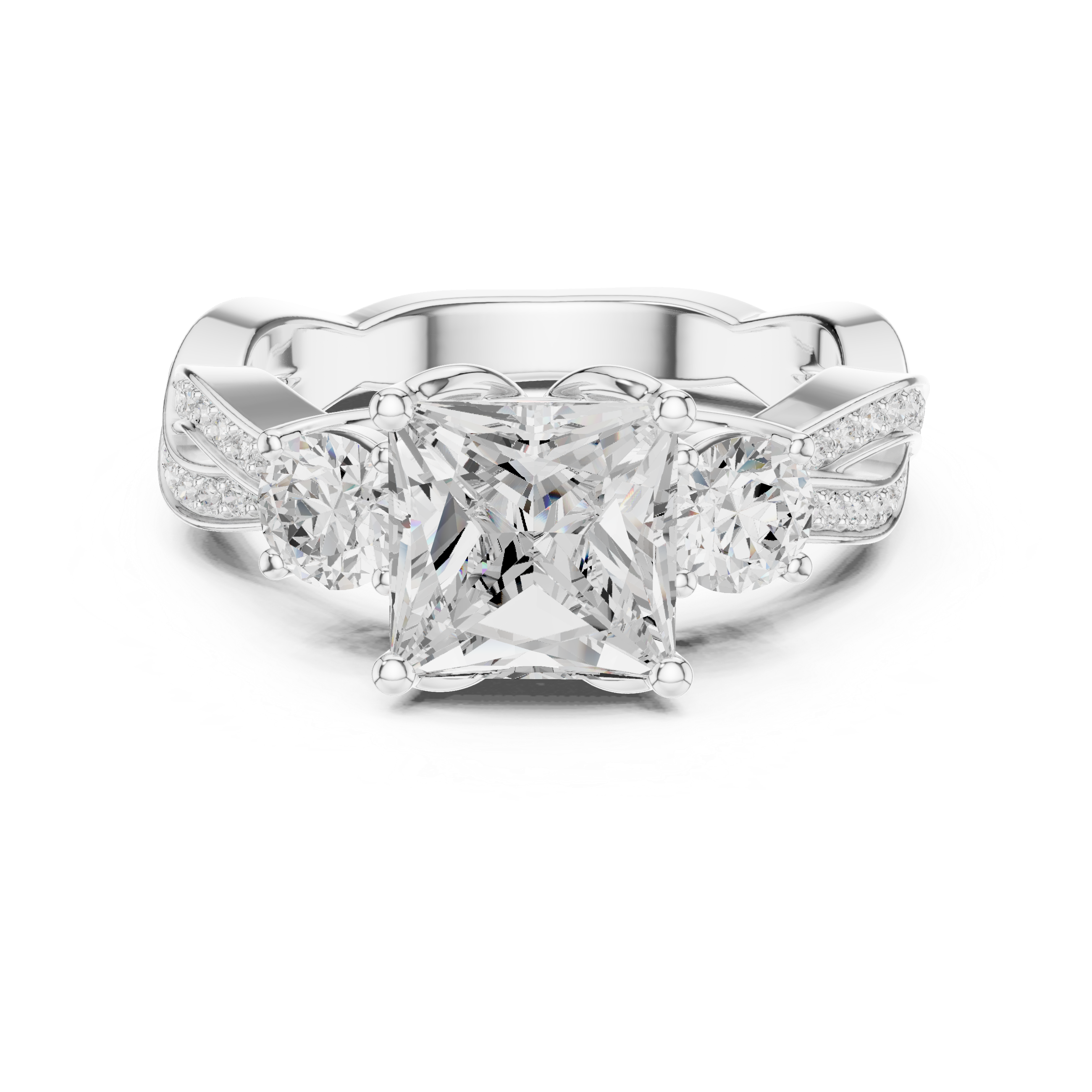 princess-cut center diamond ring with two round side diamonds