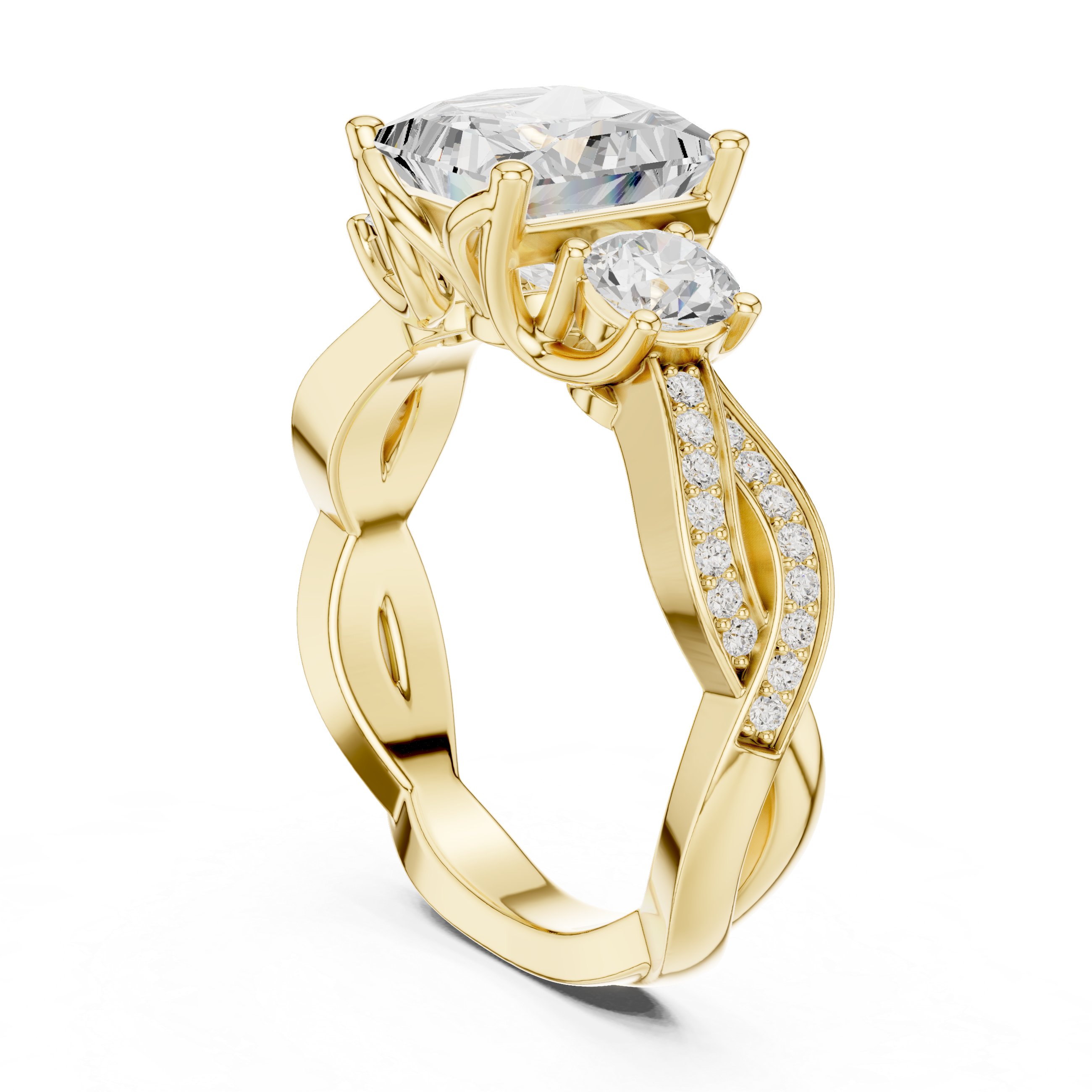 princess-cut center diamond ring with two round side diamonds