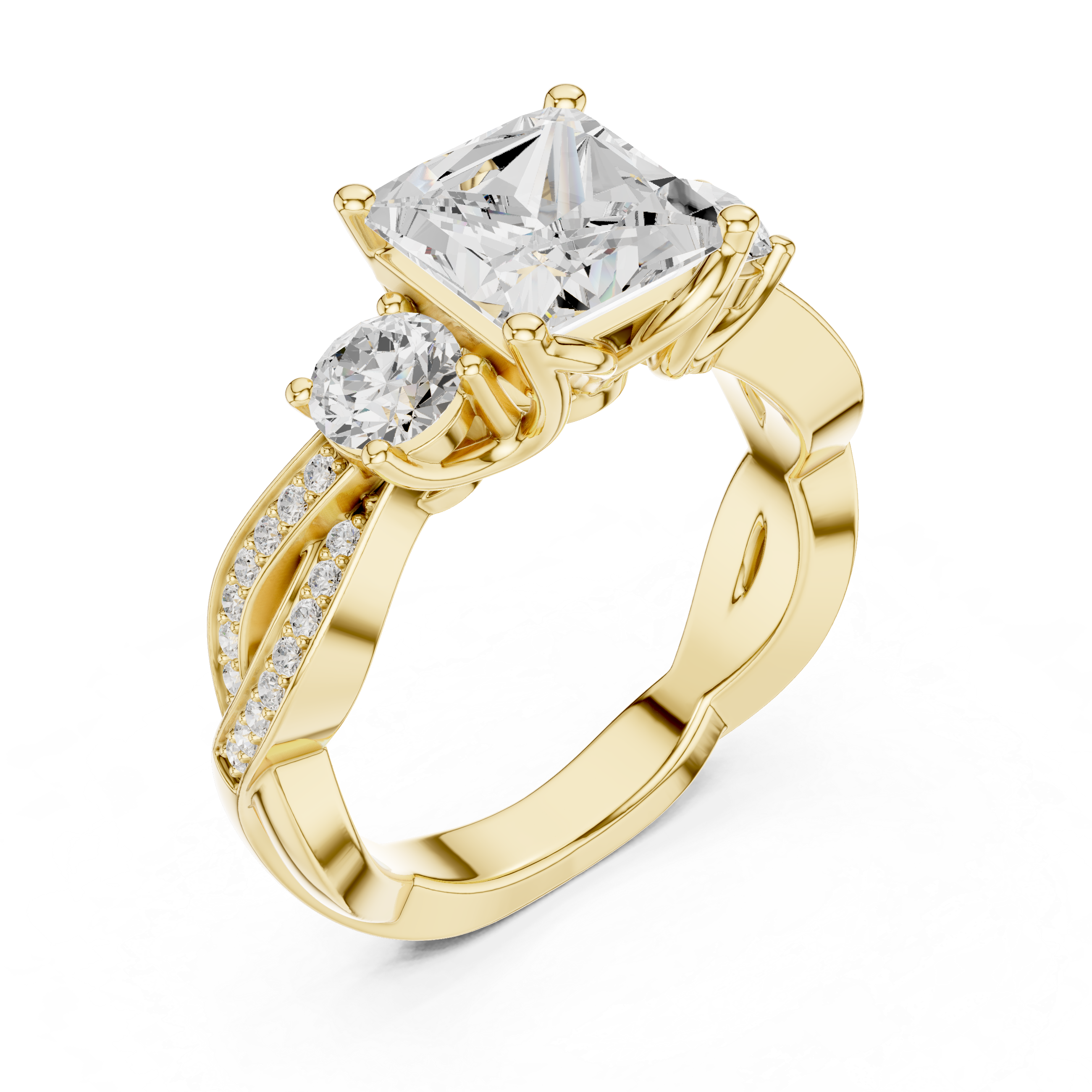 princess-cut center diamond ring with two round side diamonds