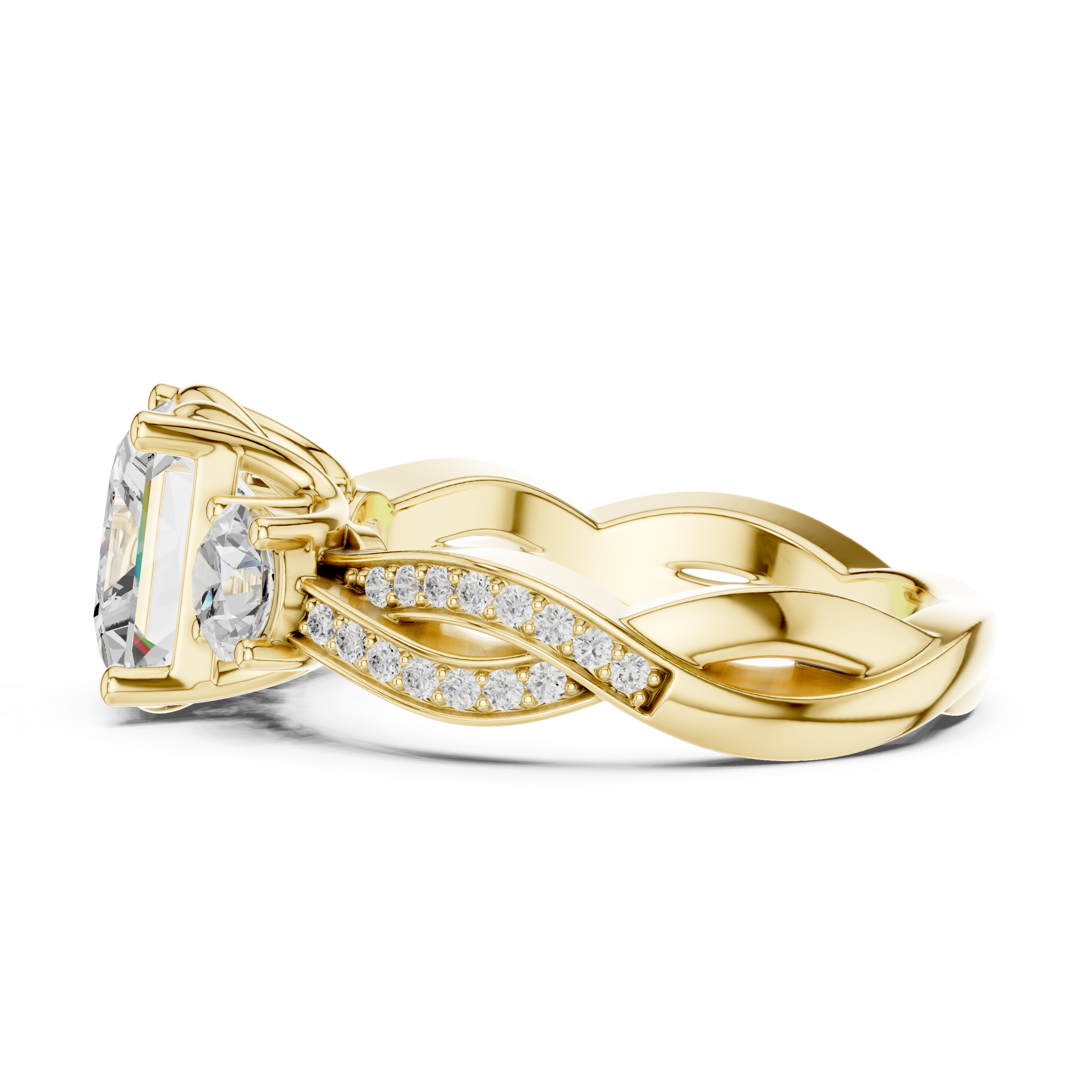princess-cut center diamond ring with two round side diamonds