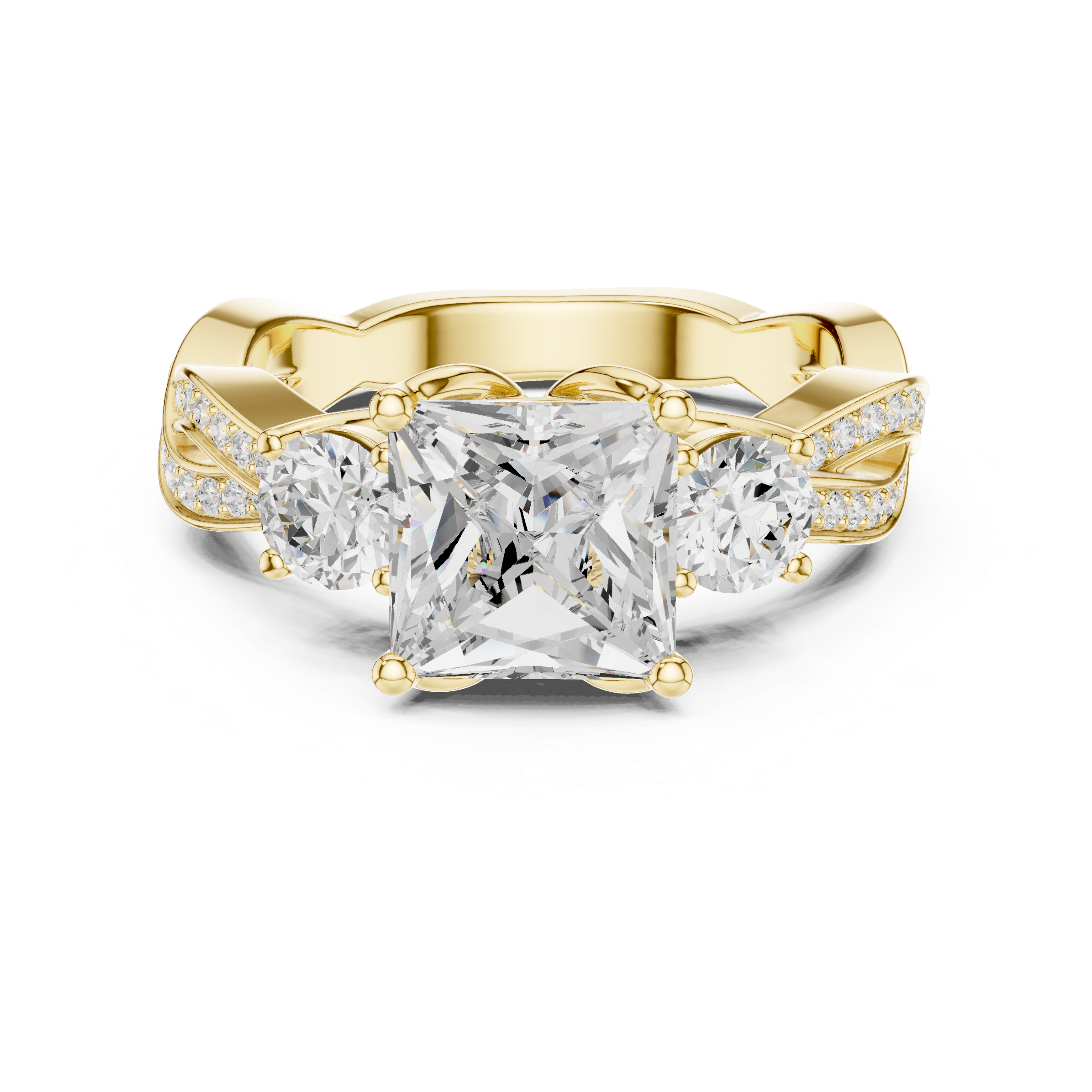 princess-cut center diamond ring with two round side diamonds