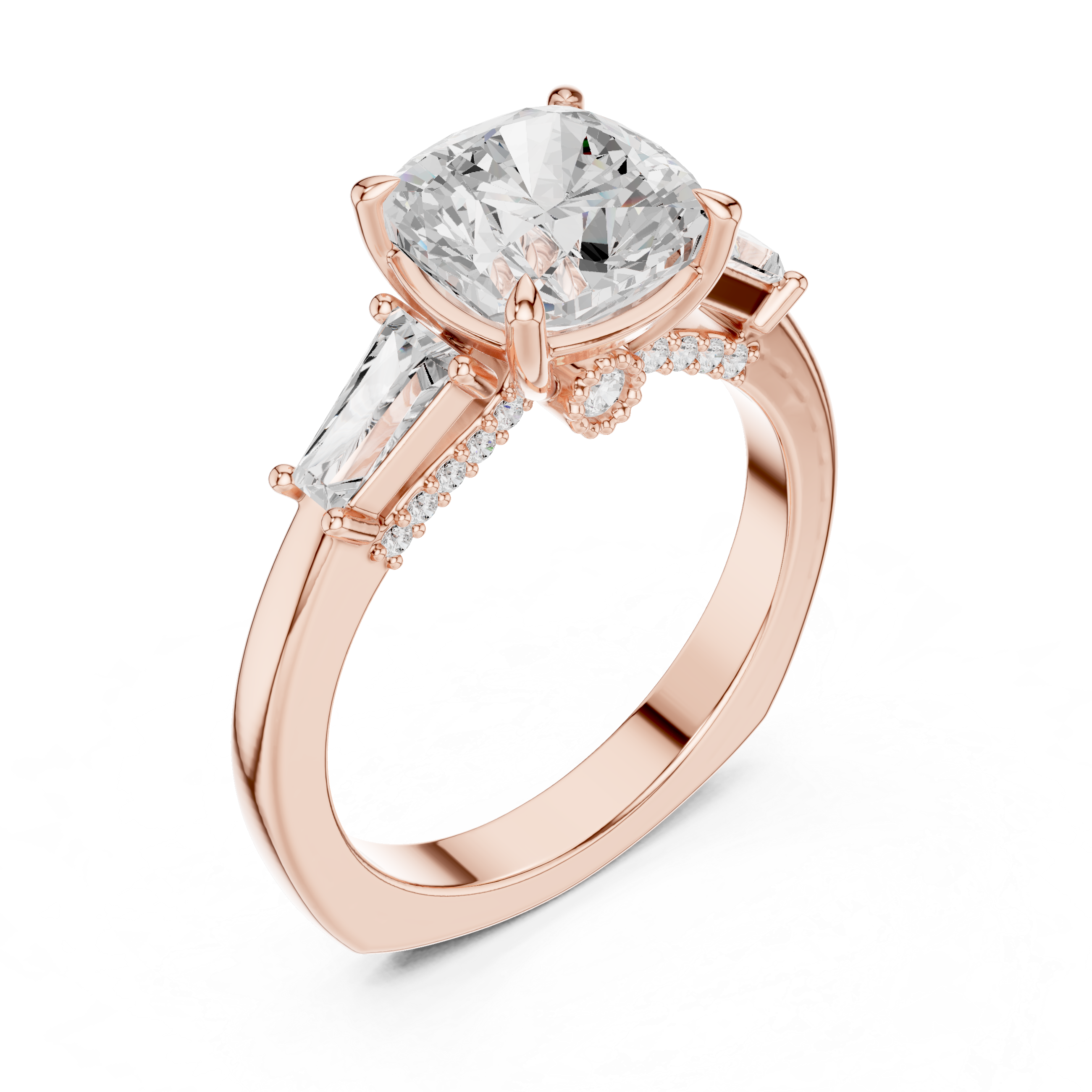 Cushion Cut Diamond Ring with Tapered Baguette Side Stones