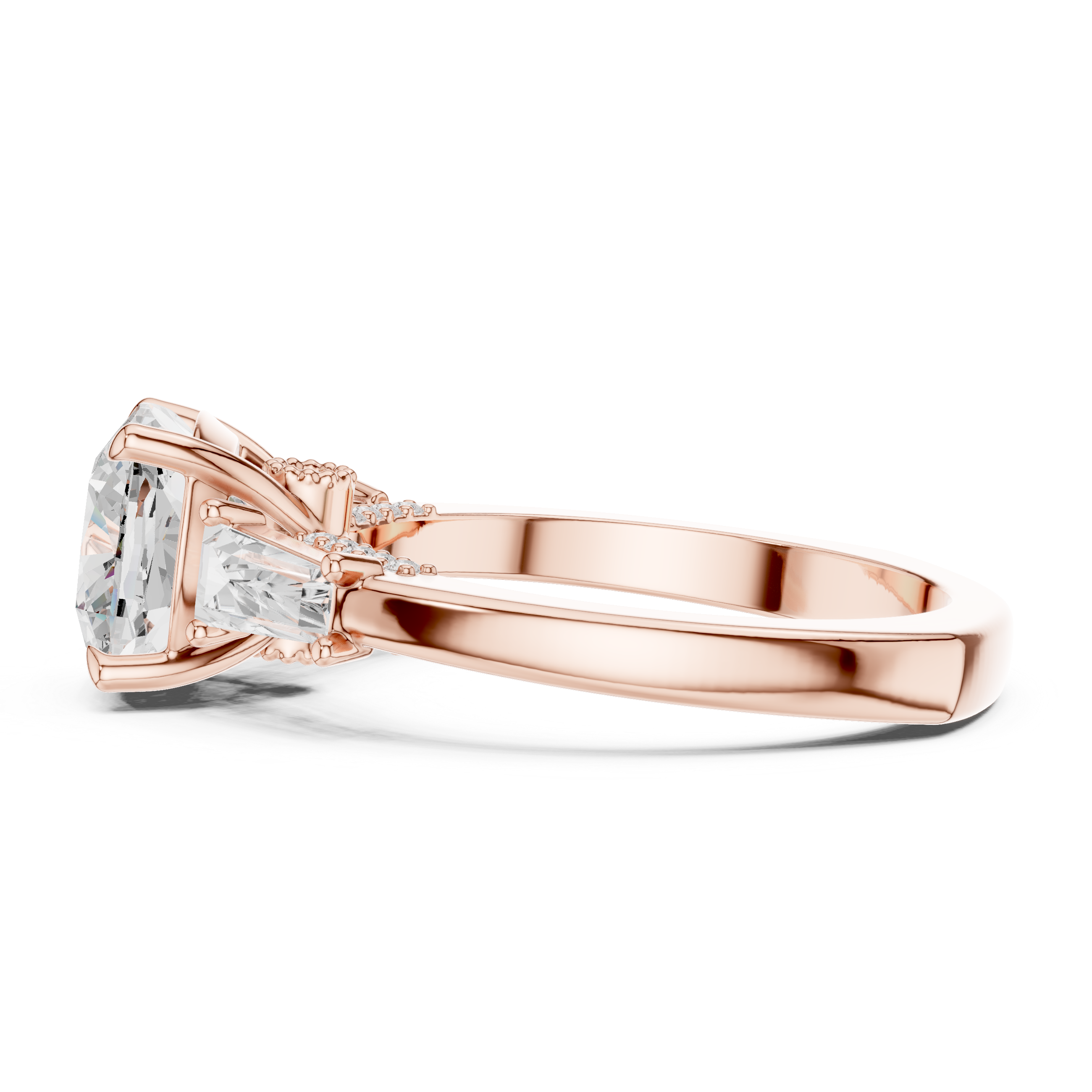 Cushion Cut Diamond Ring with Tapered Baguette Side Stones