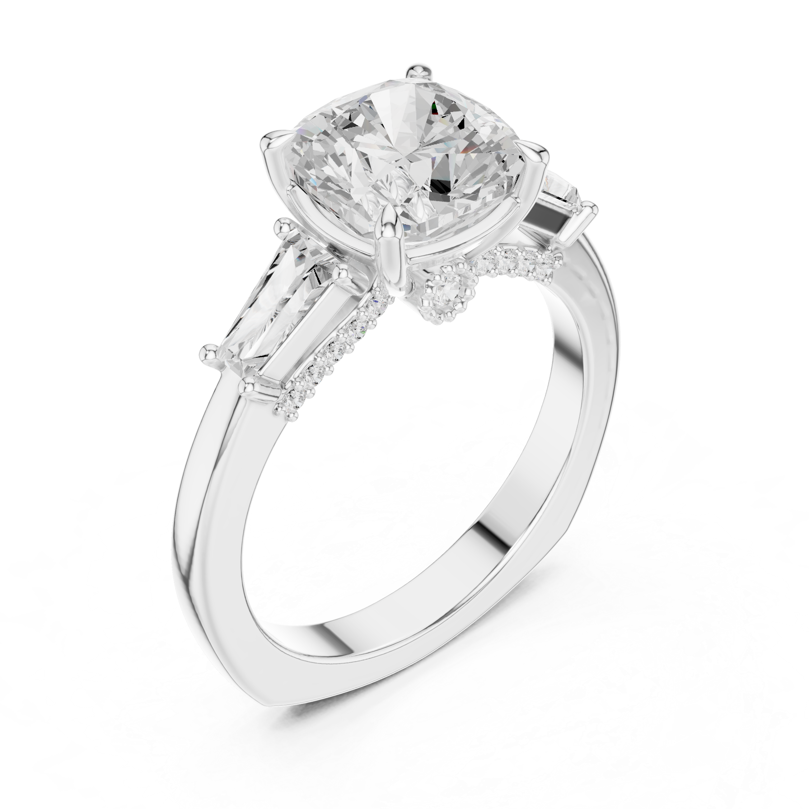 Cushion Cut Diamond Ring with Tapered Baguette Side Stones