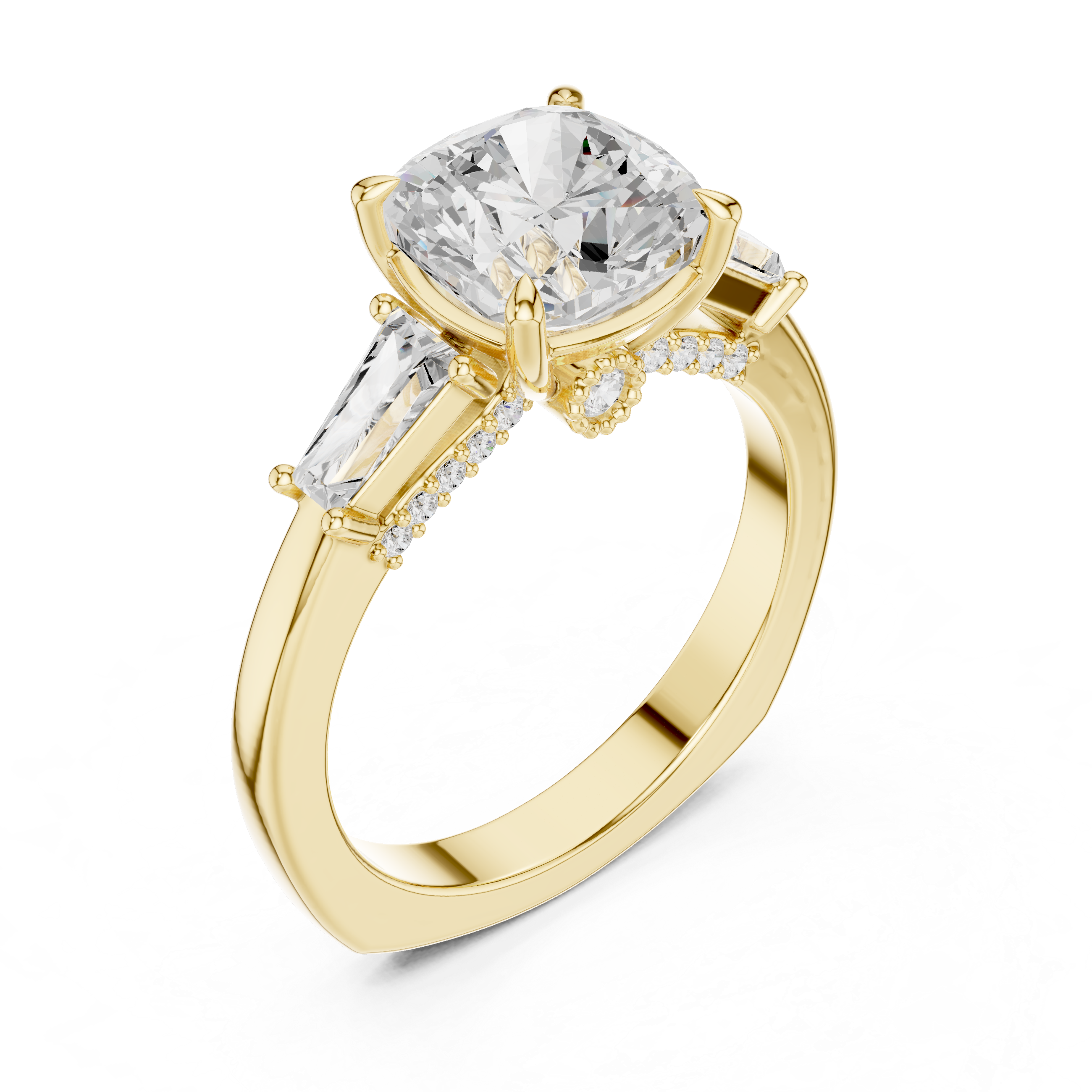 Cushion Cut Diamond Ring with Tapered Baguette Side Stones
