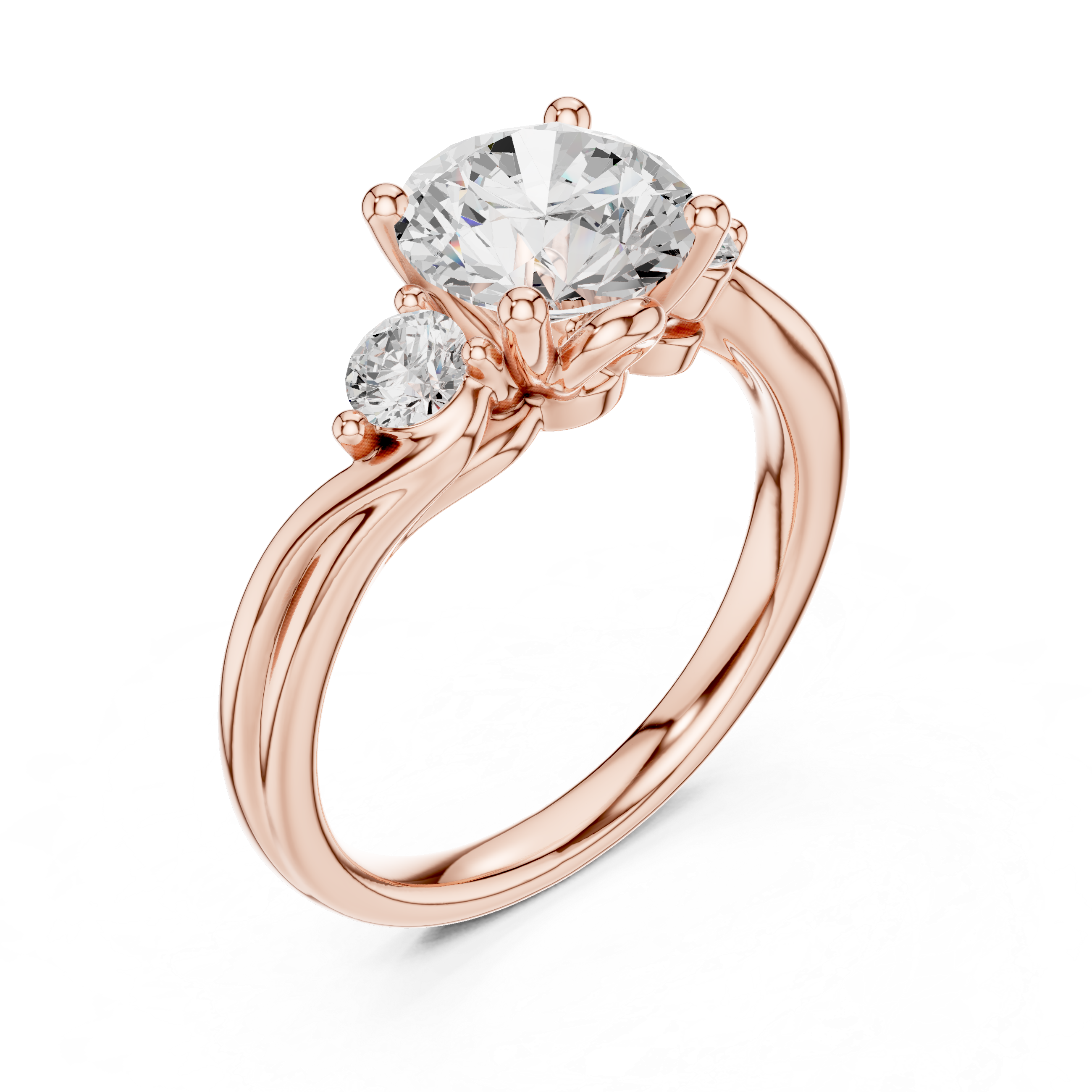 Round Cut Diamond Ring with Twisted Band and Side Stones